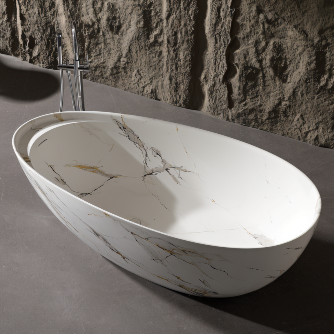 67" Luxury Freestanding Egg-Shaped Solid Surface Soaking Tub with Crescent Deck