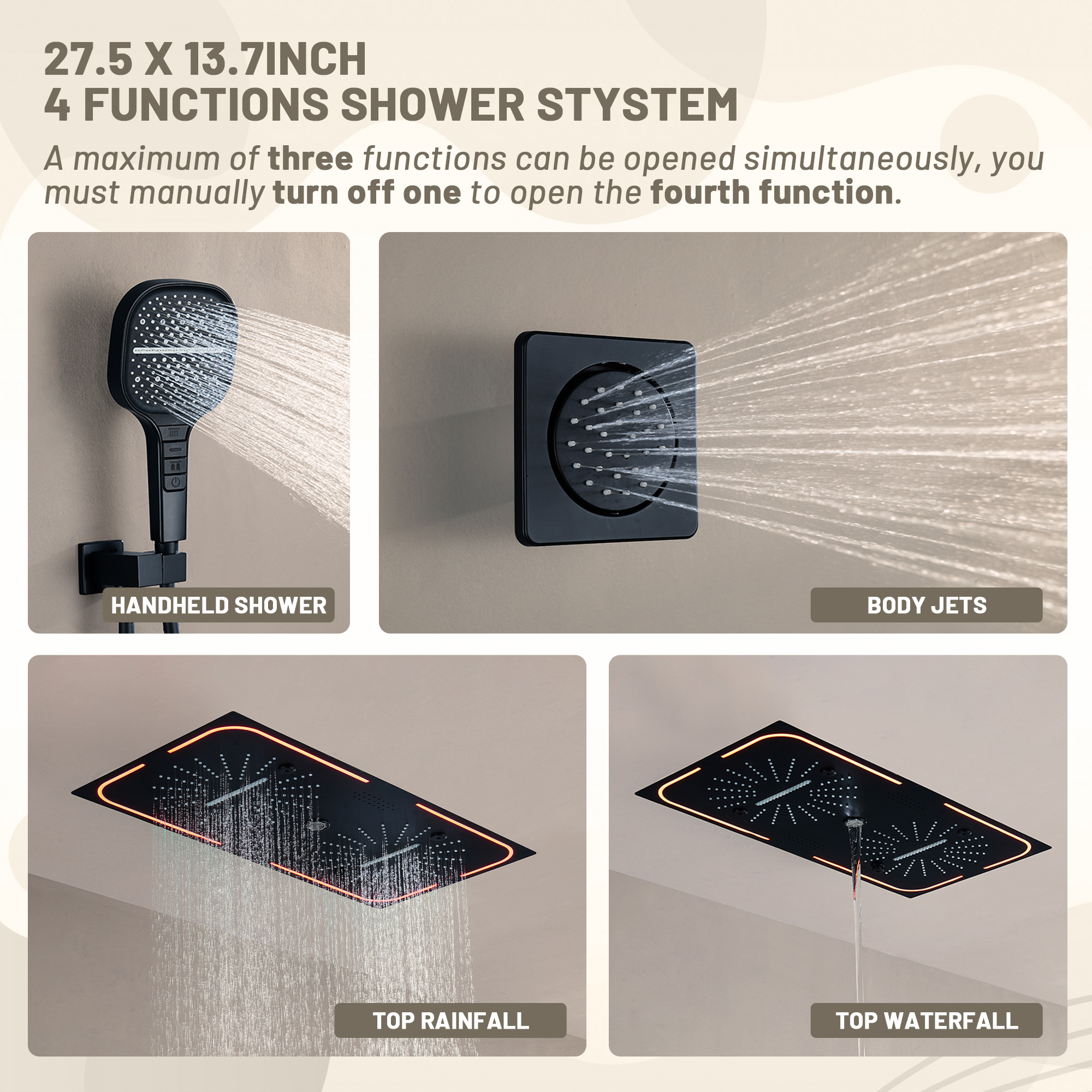 27.55*13.78 inch 4-Function Luxury Digital Shower System with LED & Bluetooth