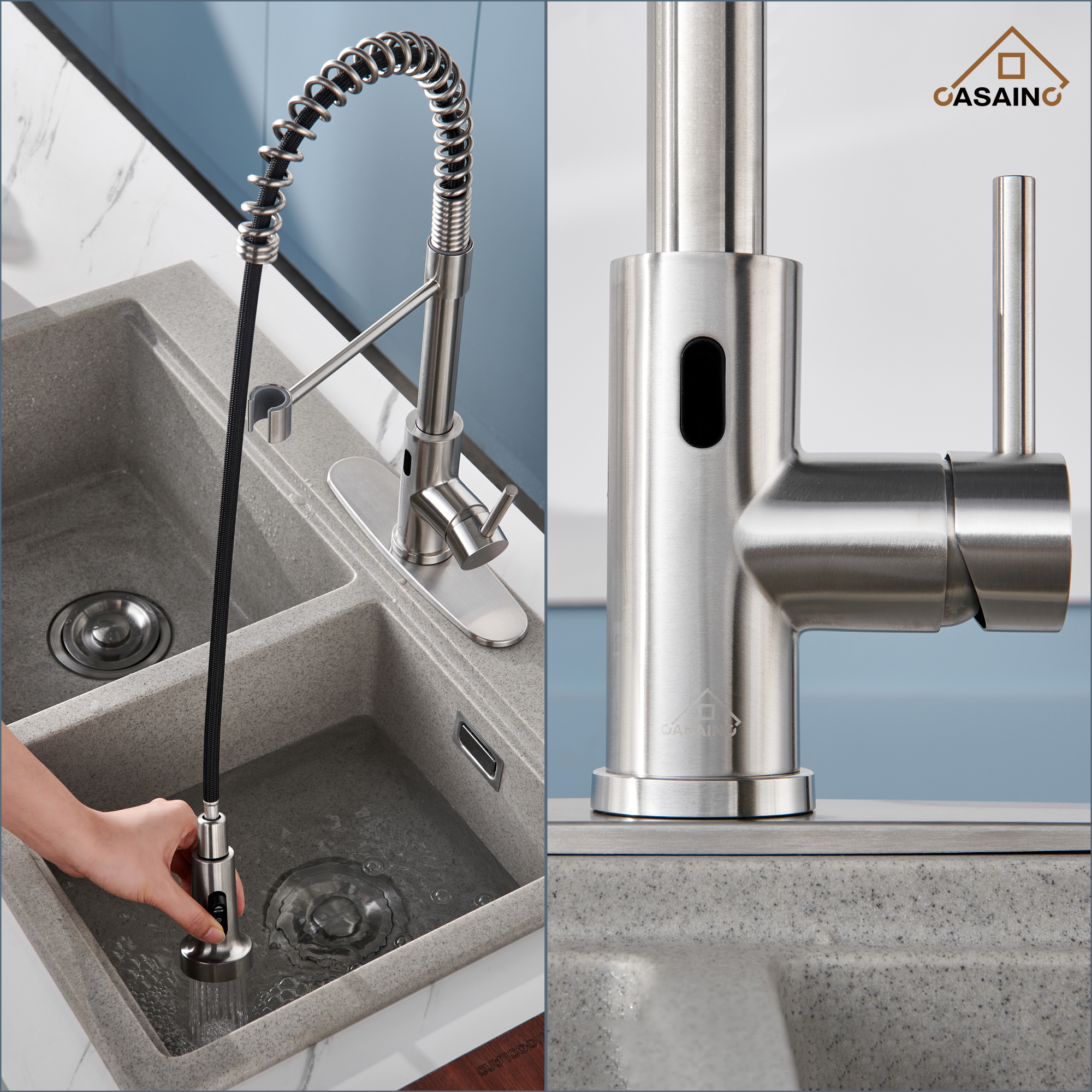 3-Mode Single Handle Pull-Down Sprayer Kitchen Faucet with Touchless Sensor and Includes Deckplate