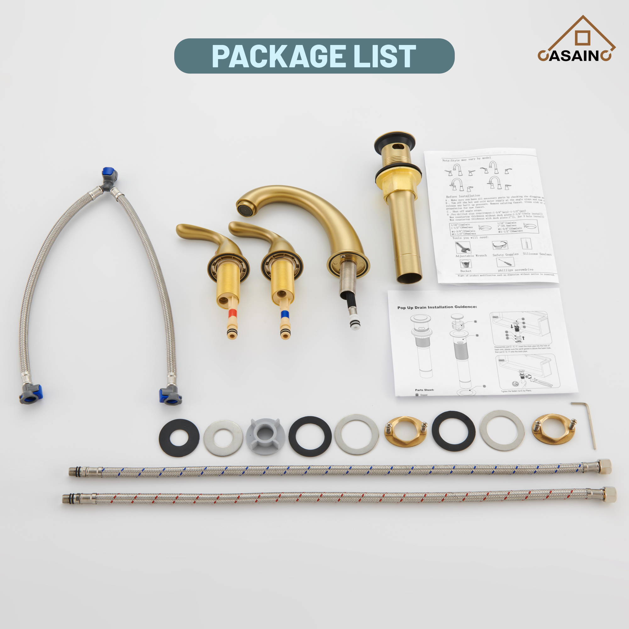 Casainc 4 Inch 2-Handle Bathroom Sink Faucet with Drain Assembly Matte Black/Brushed Nickel/Oil Rubbed Bronz/Brushed Gold 