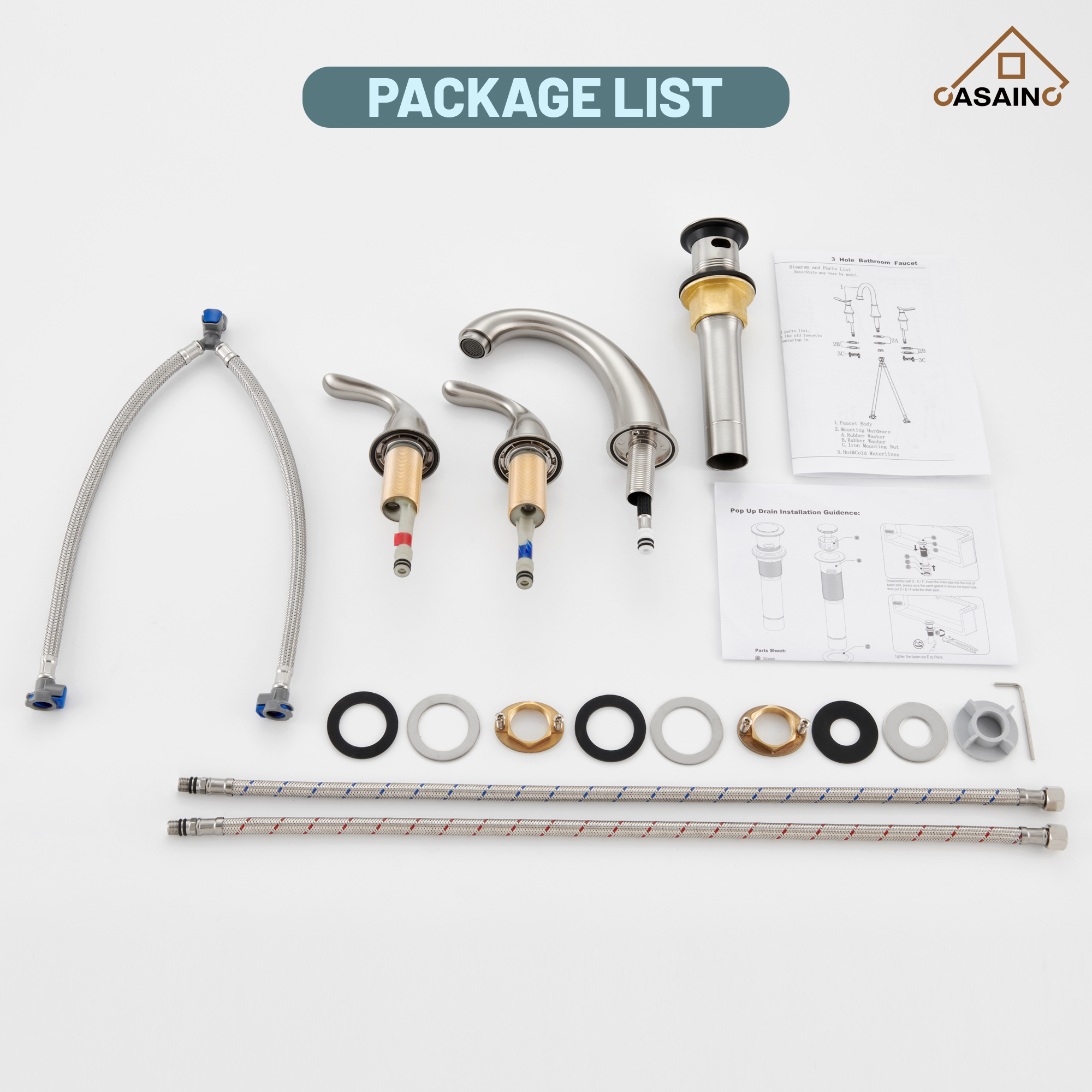 Casainc 4 Inch 2-Handle Bathroom Sink Faucet with Drain Assembly Matte Black/Brushed Nickel/Oil Rubbed Bronz/Brushed Gold 