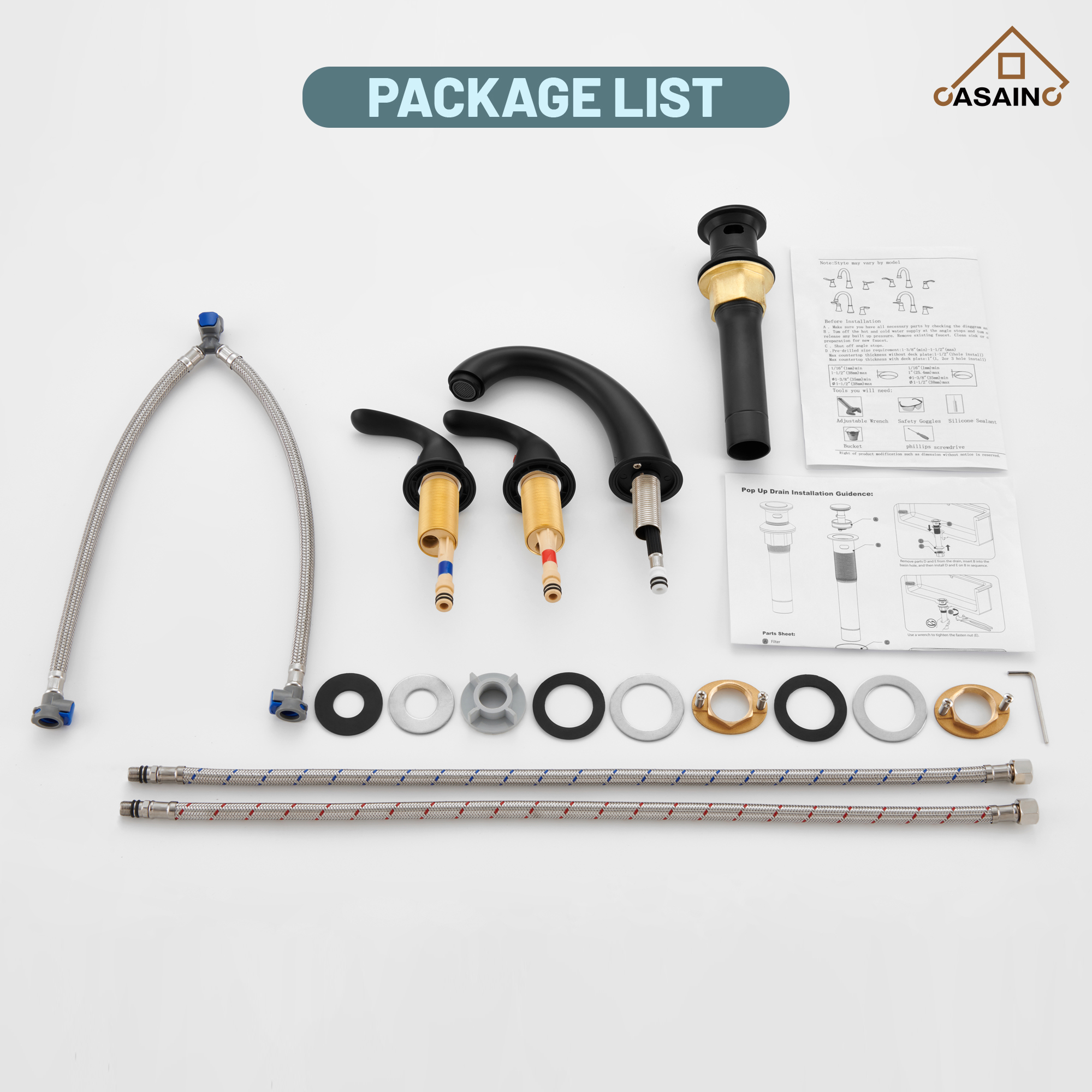 Casainc 4 Inch 2-Handle Bathroom Sink Faucet with Drain Assembly Matte Black/Brushed Nickel/Oil Rubbed Bronz/Brushed Gold 