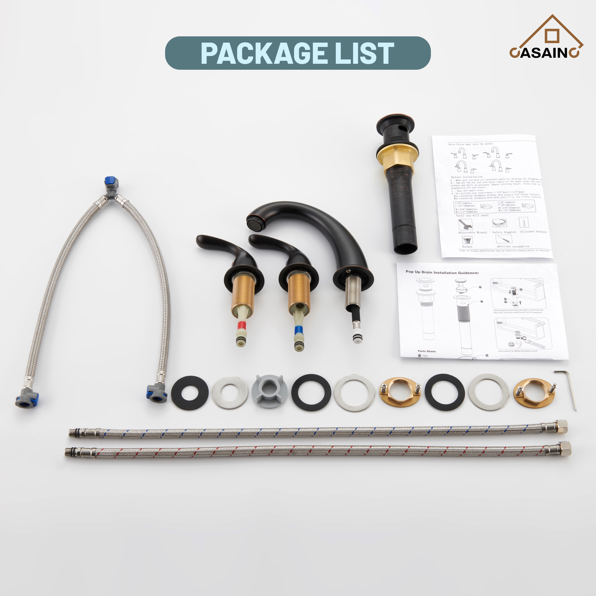 Casainc 4 Inch 2-Handle Bathroom Sink Faucet with Drain Assembly Matte Black/Brushed Nickel/Oil Rubbed Bronz/Brushed Gold 