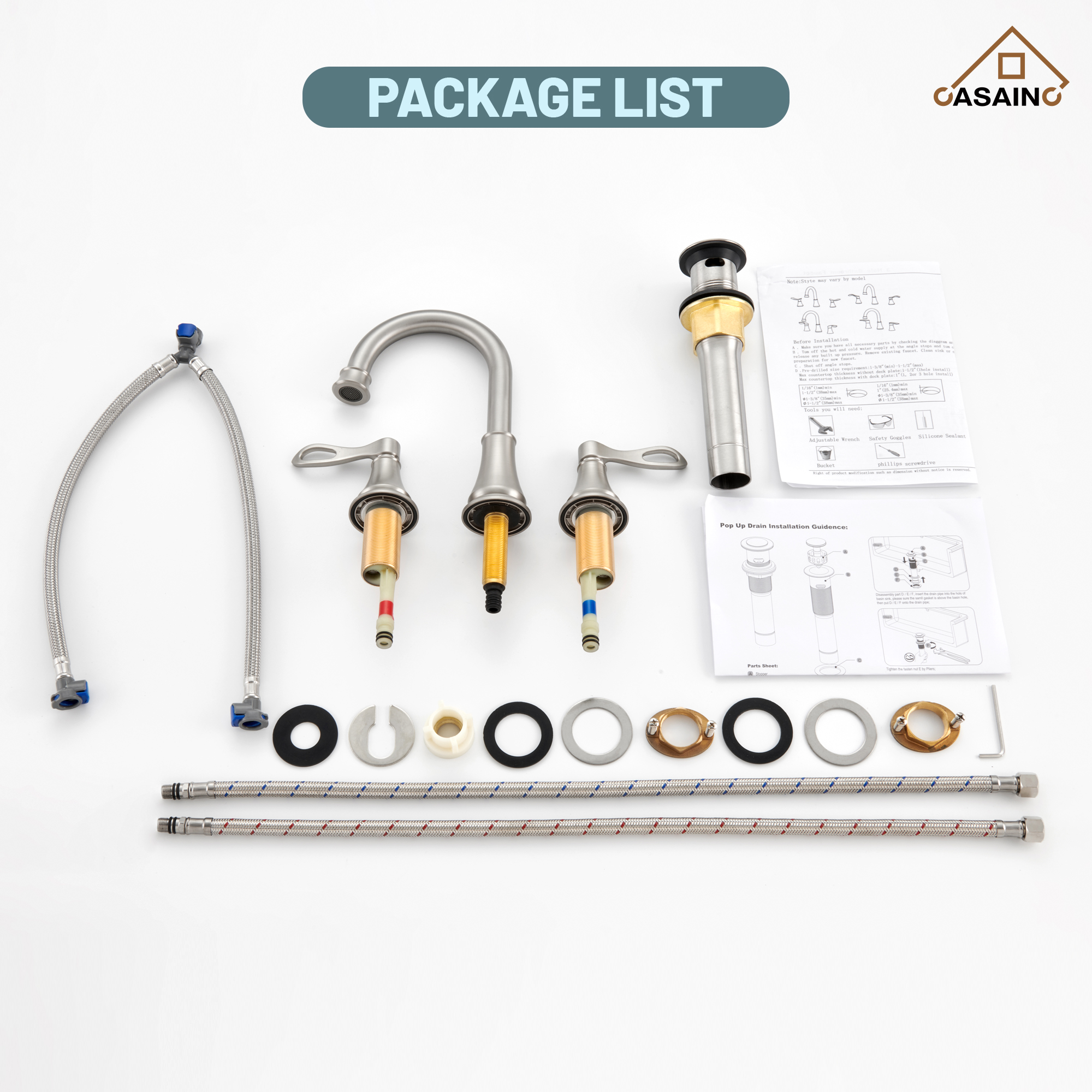 Casainc 8" Brass Bathroom Sink Faucet 3 Hole Gold Bathroom Faucet  2 Handle Gold Faucet for Bathroom Sink with Pop-up Drain Assembly Widespread Vanity Faucets