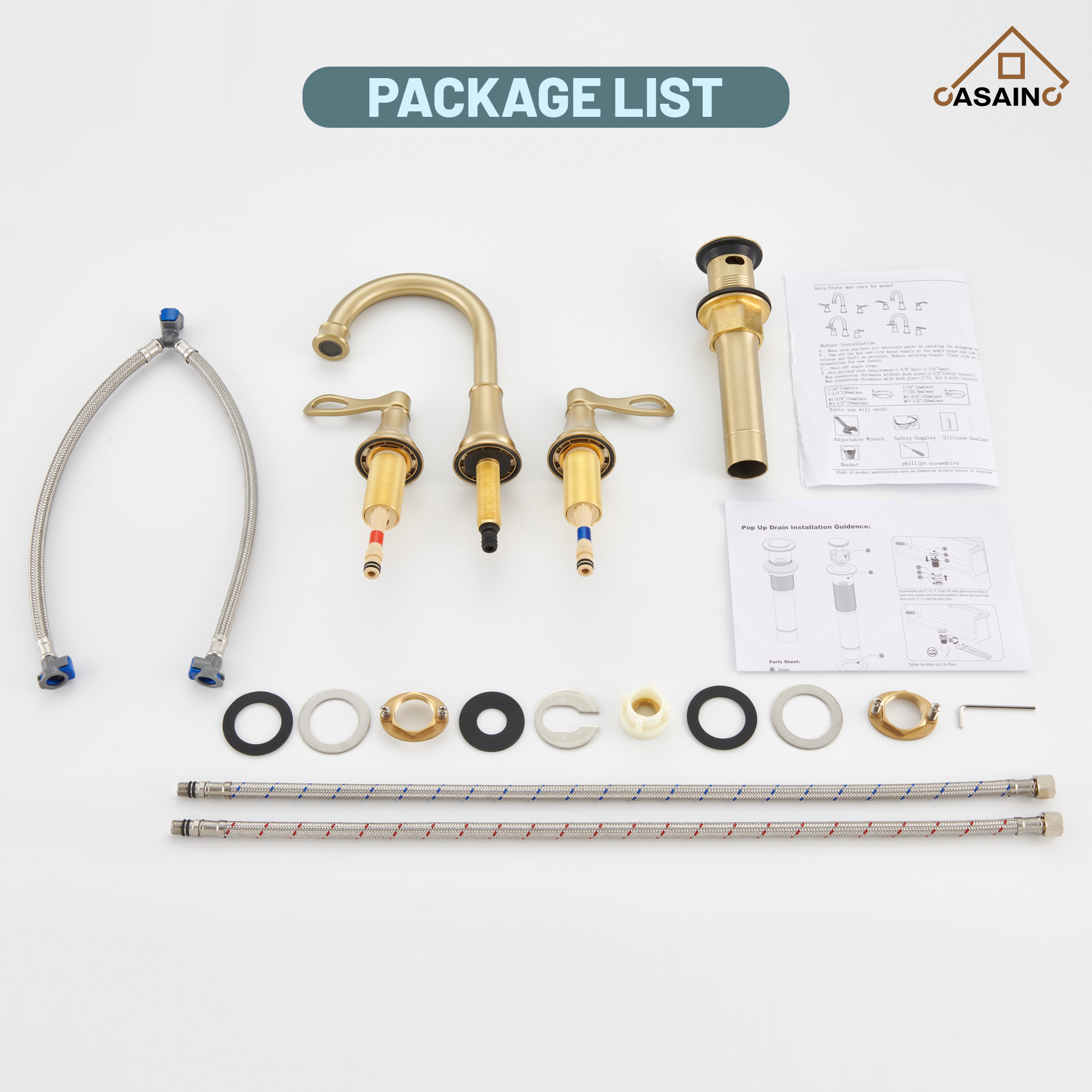 Casainc 8" Brass Bathroom Sink Faucet 3 Hole Gold Bathroom Faucet  2 Handle Gold Faucet for Bathroom Sink with Pop-up Drain Assembly Widespread Vanity Faucets