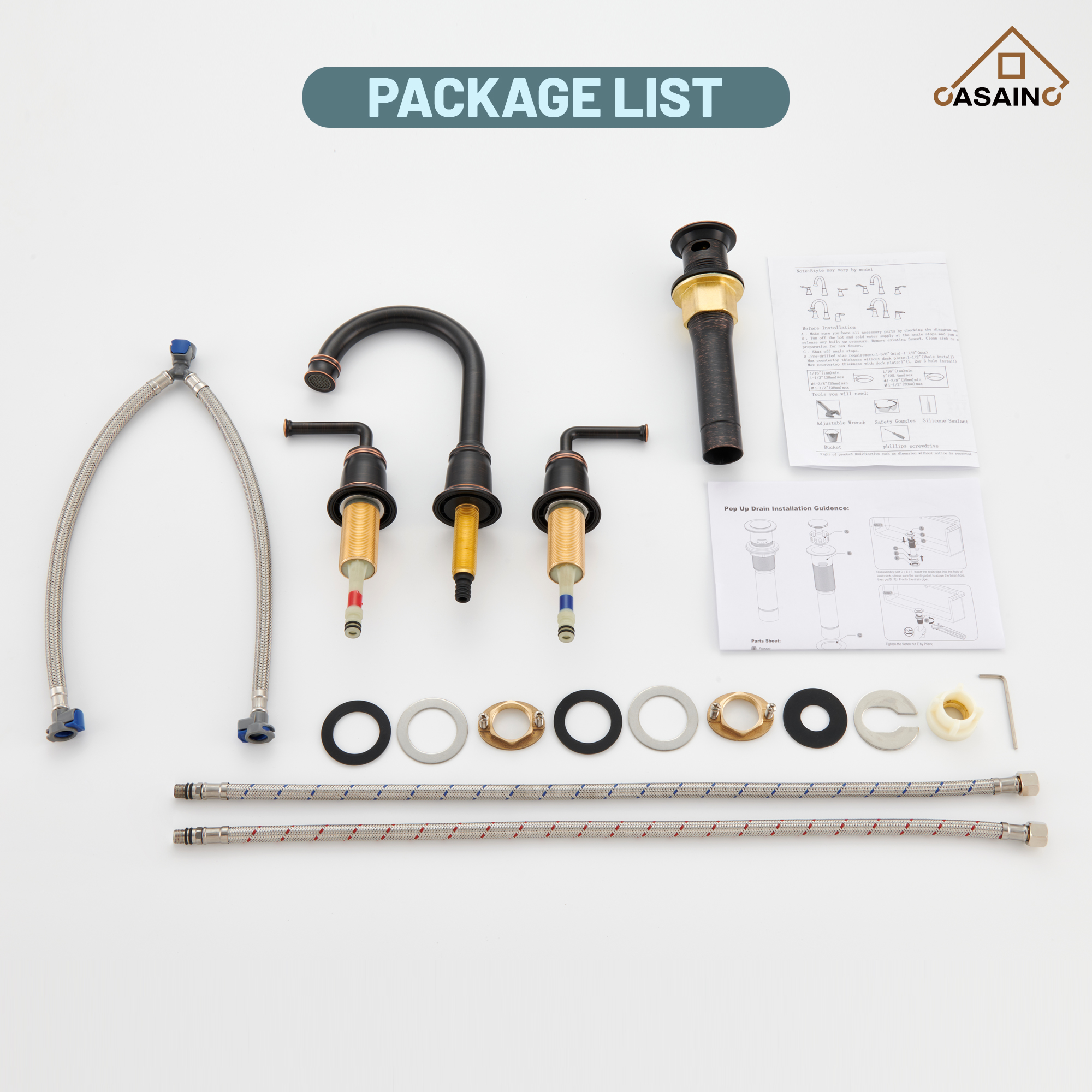 Casainc 8" Brass Bathroom Sink Faucet 2 Handle 3 Hole Gold Bathroom Faucet for Bathroom Sink with Pop-up Drain Assembly Widespread Vanity Faucets