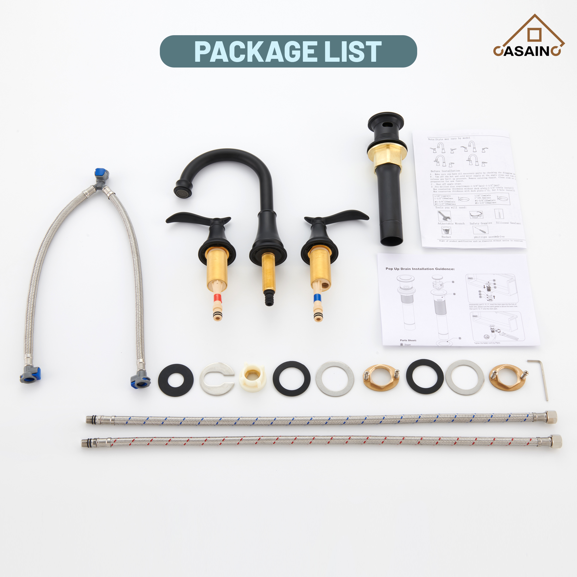 Casainc 8" Brass Bathroom Sink Faucet 2 Handle 3 Hole Gold Bathroom Faucet for Bathroom Sink with Pop-up Drain Assembly Widespread Vanity Faucets 360° Swivel Spout