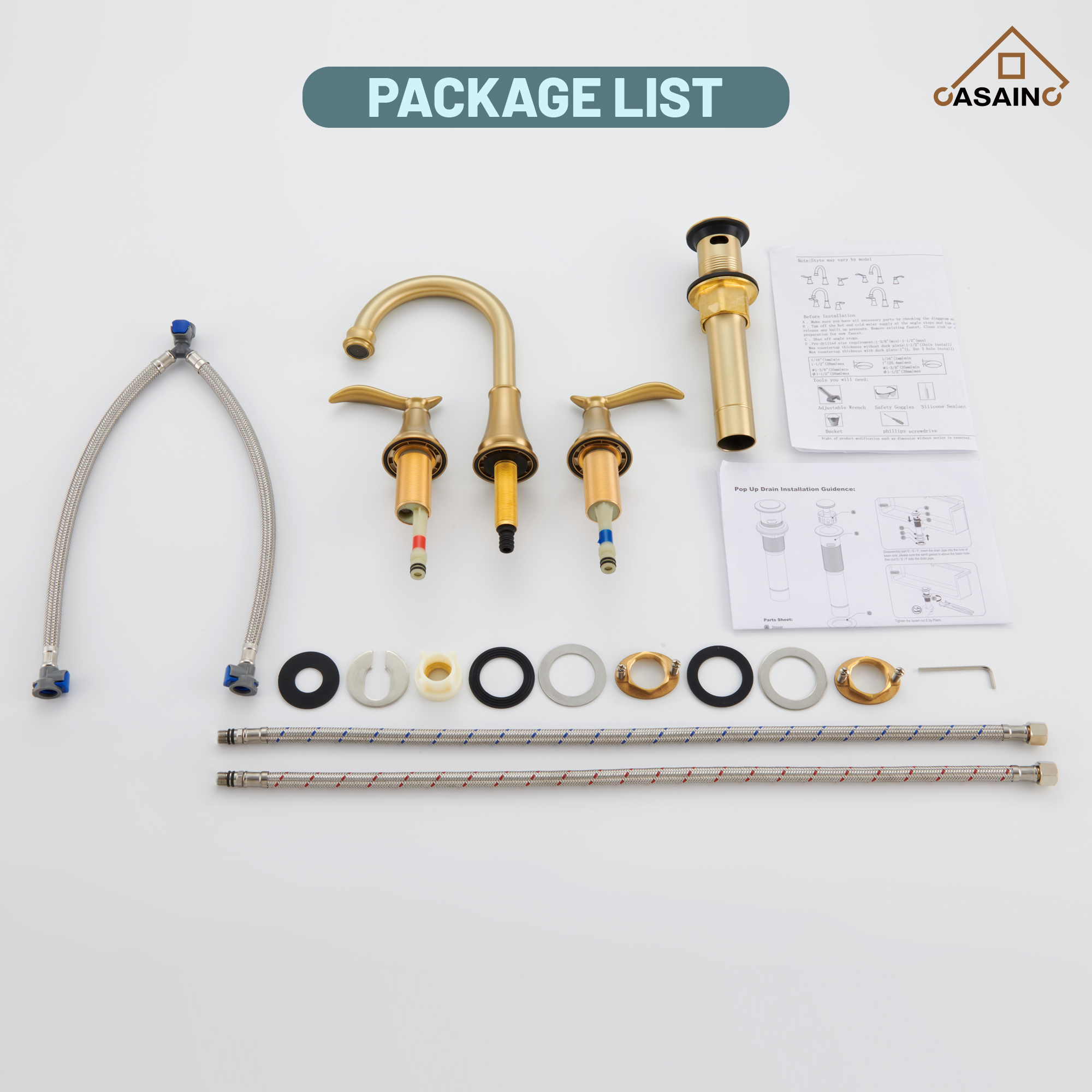 Casainc 8" Brass Bathroom Sink Faucet 2 Handle 3 Hole Gold Bathroom Faucet for Bathroom Sink with Pop-up Drain Assembly Widespread Vanity Faucets 360° Swivel Spout