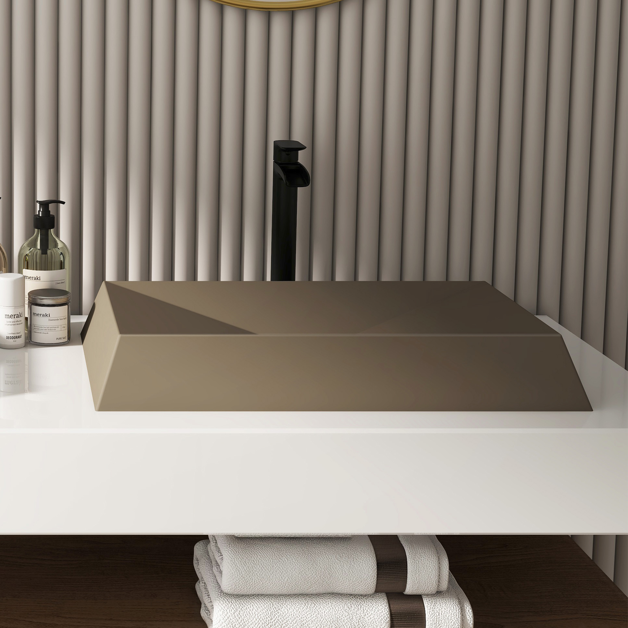 27in Bathroom Concrete Rectangular Vessel Sink with Drainer in Mottled Bluish Grey / Black Earth / Taupe Clay