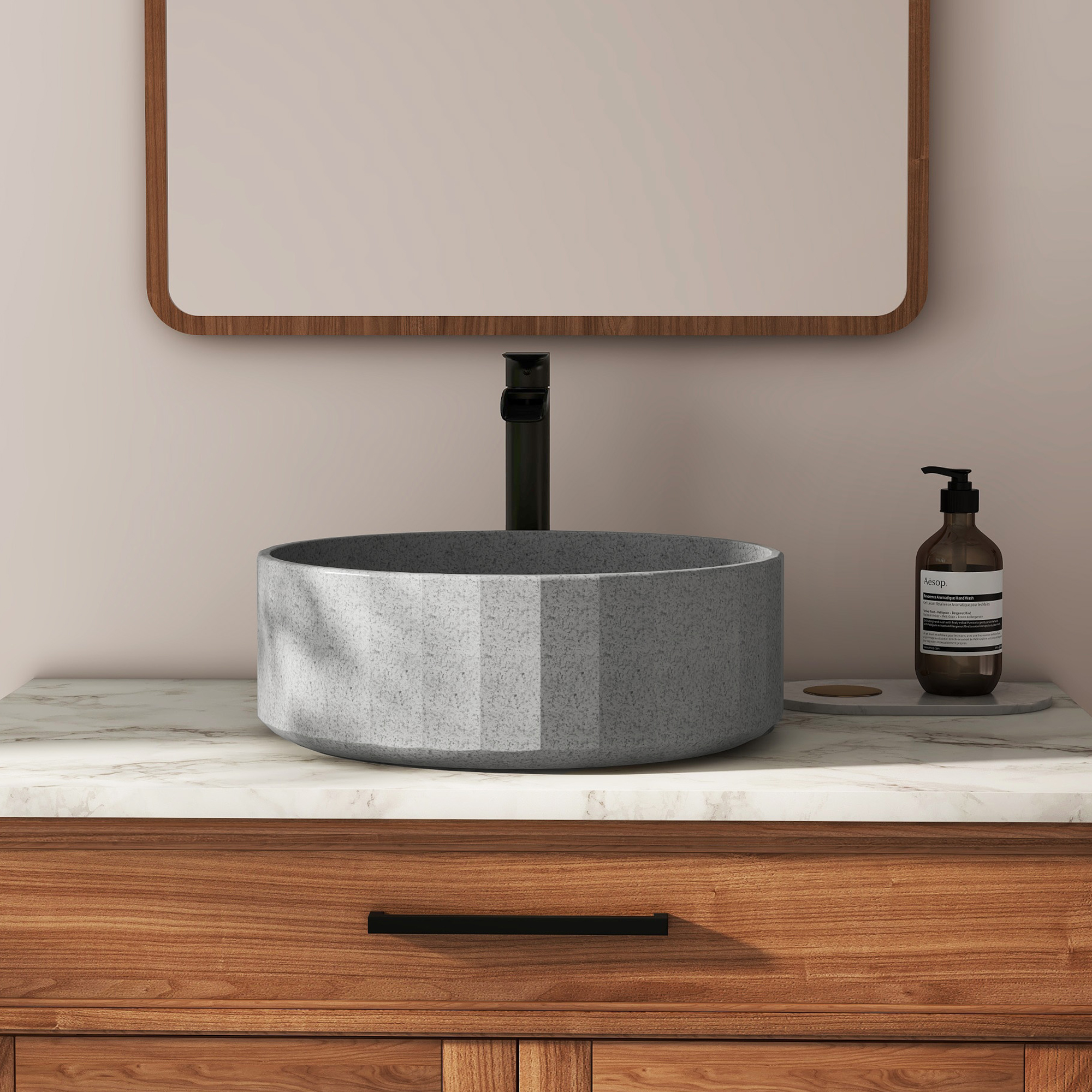 17in Bathroom Concrete Round Vessel Sink with Drainer in Black Earth / Mottled Bluish Grey / Taupe Clay