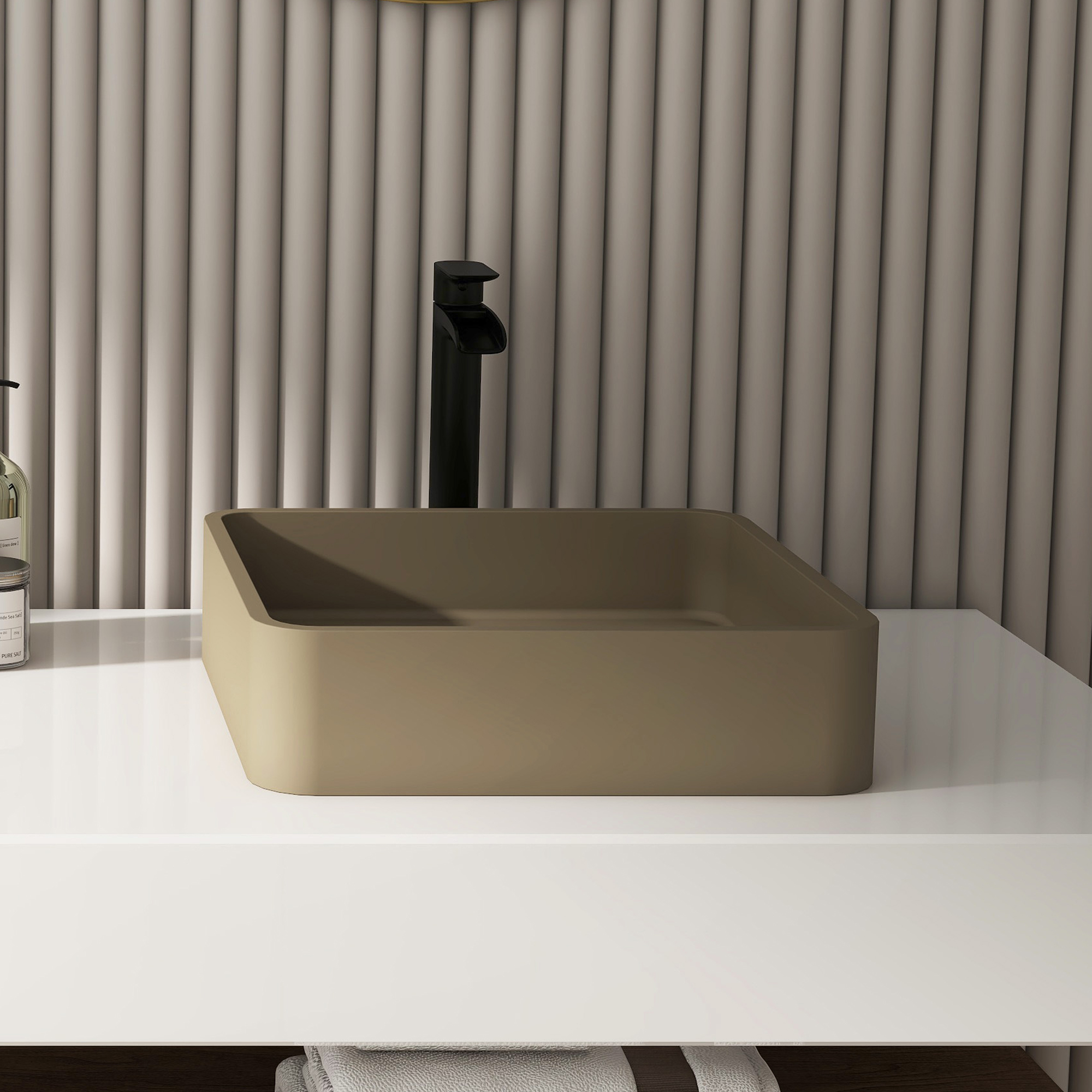 15in Bathroom Concrete Square Vessel Sink with Drainer in Mottled Bluish Grey / Cold Concrete Grey / Taupe Clay