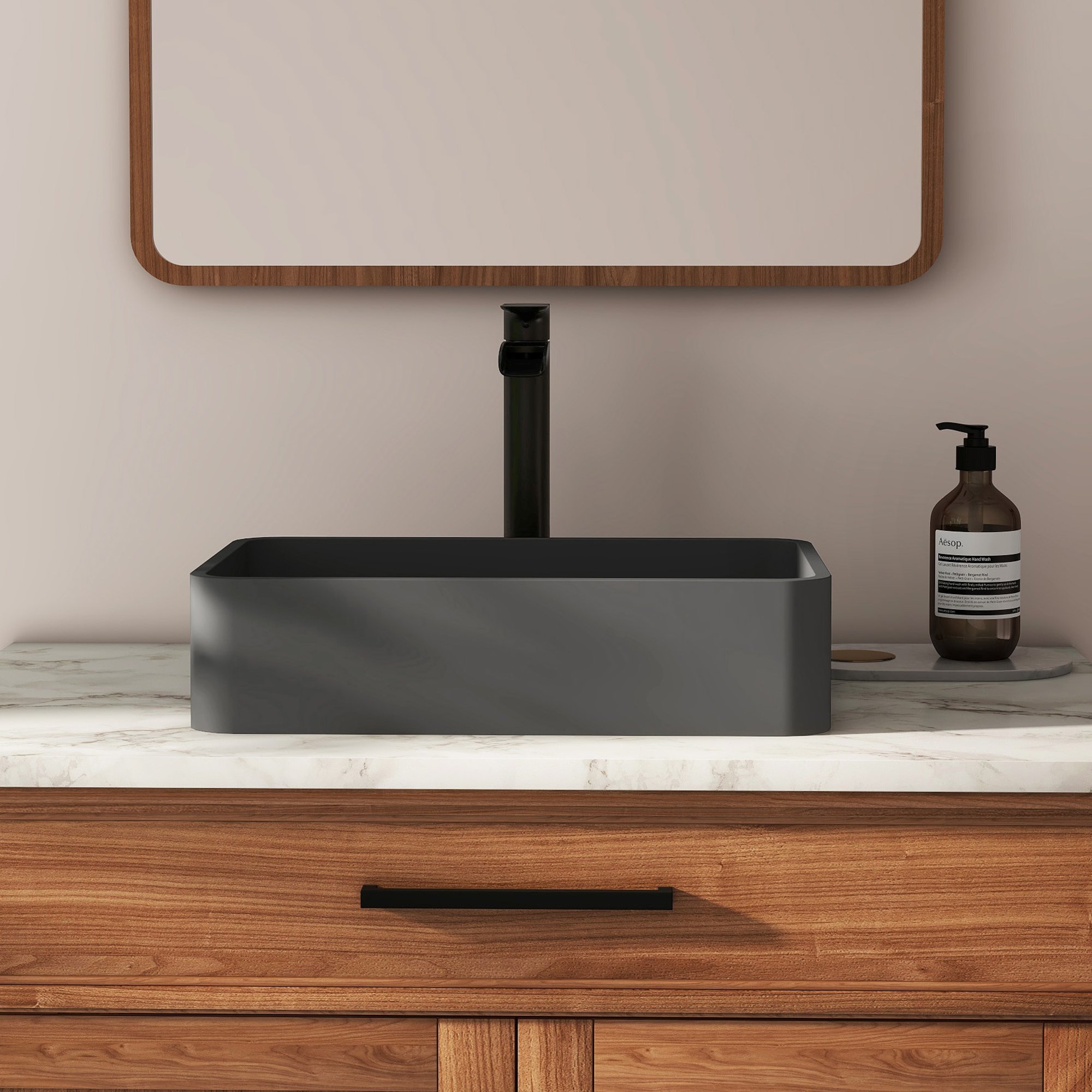 19in Bathroom Concrete Rectangular Vessel Sink with Drainer in Black Earth / Blue Ashes / Taupe Clay