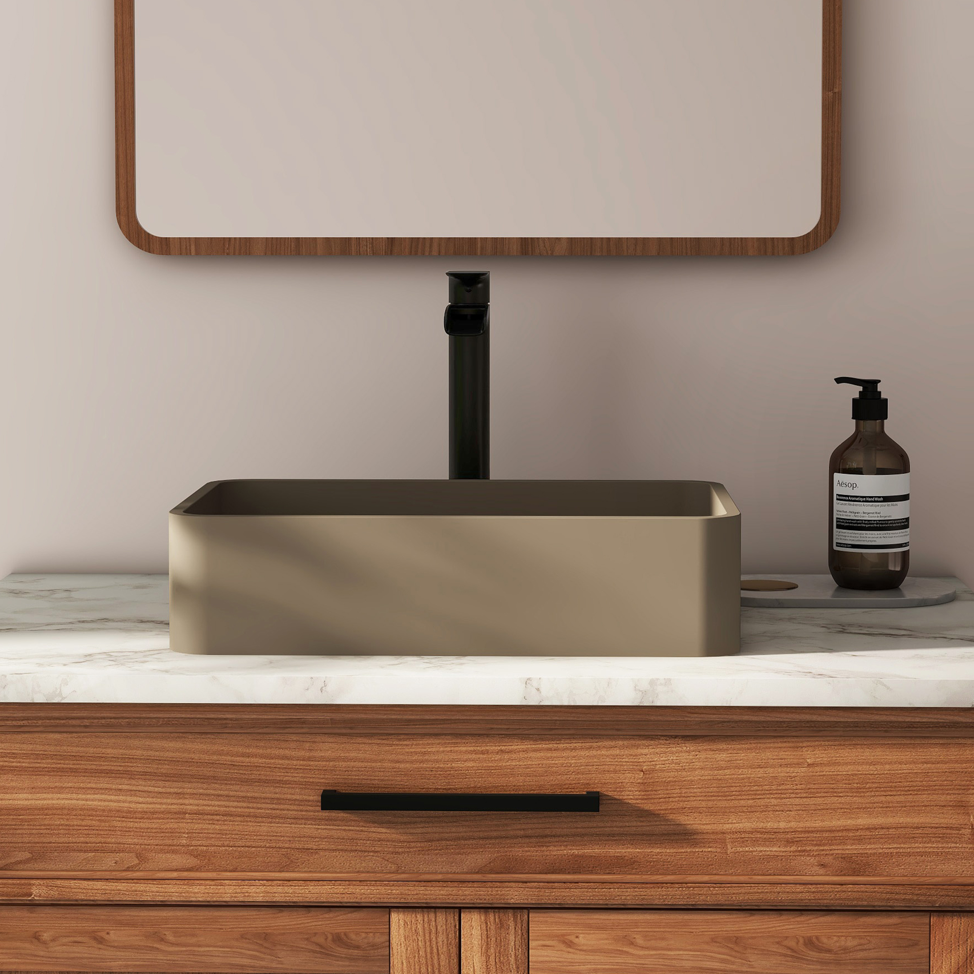 19in Bathroom Concrete Rectangular Vessel Sink with Drainer in Black Earth / Blue Ashes / Taupe Clay