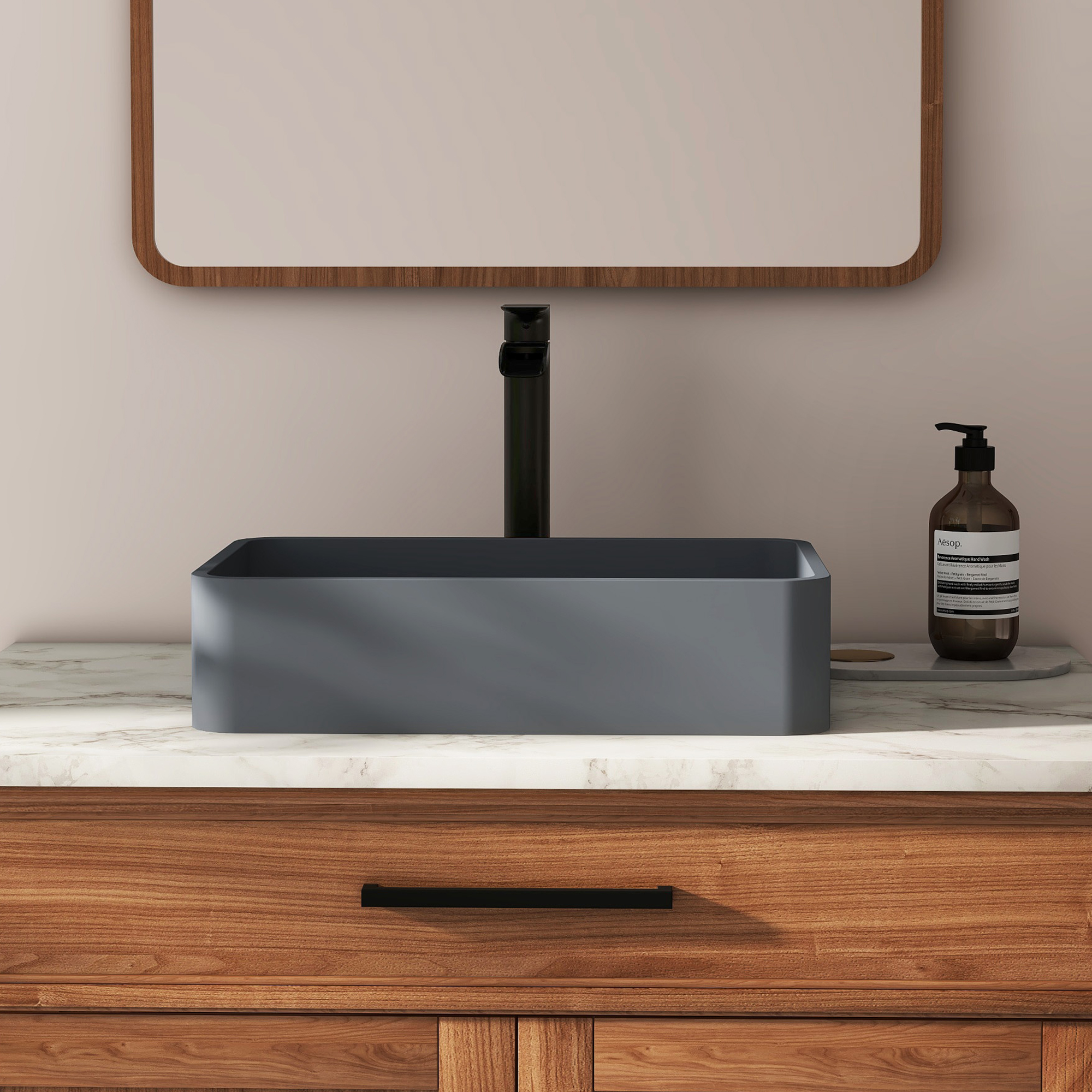 19in Bathroom Concrete Rectangular Vessel Sink with Drainer in Black Earth / Blue Ashes / Taupe Clay