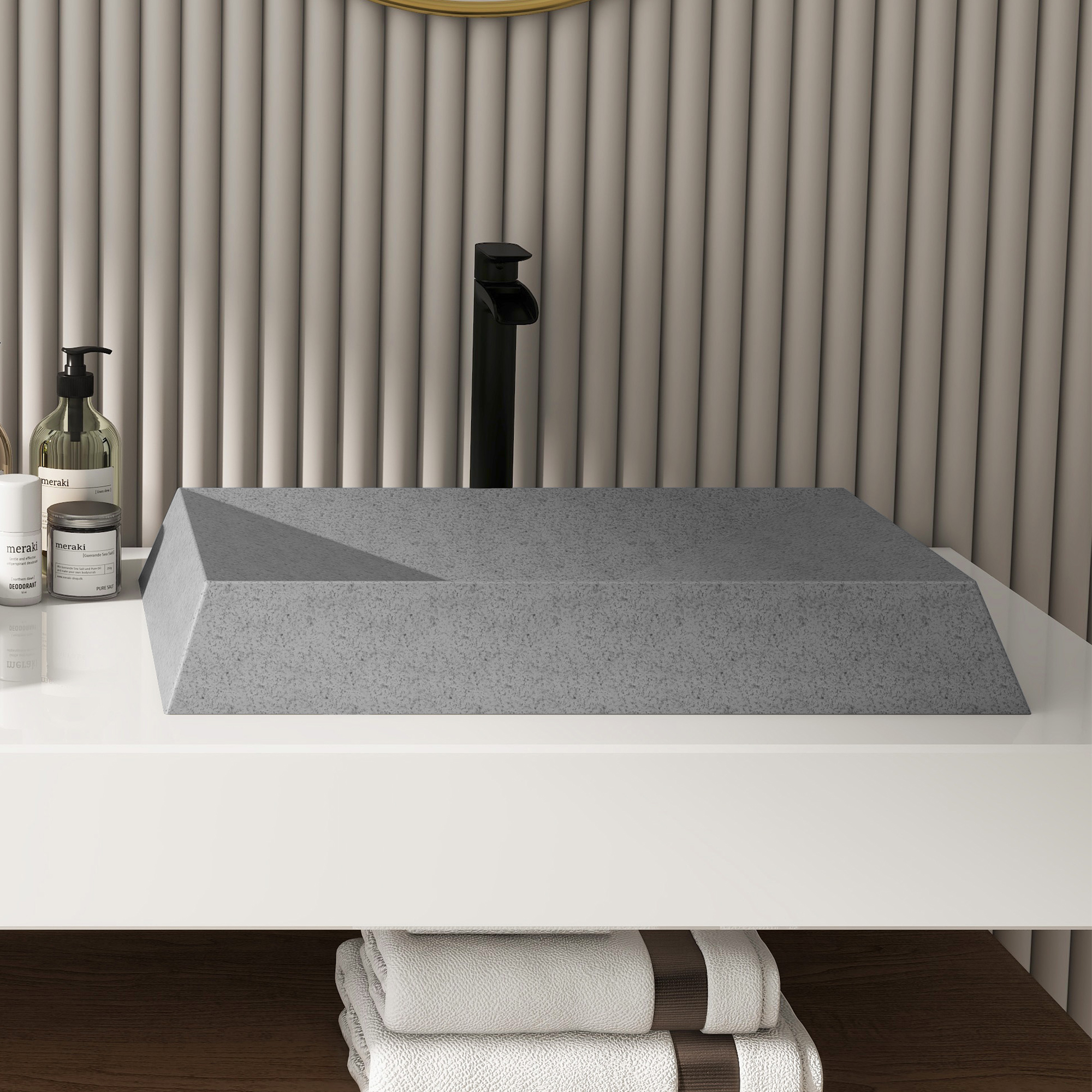 27in Bathroom Concrete Rectangular Vessel Sink with Drainer in Mottled Bluish Grey / Black Earth / Taupe Clay