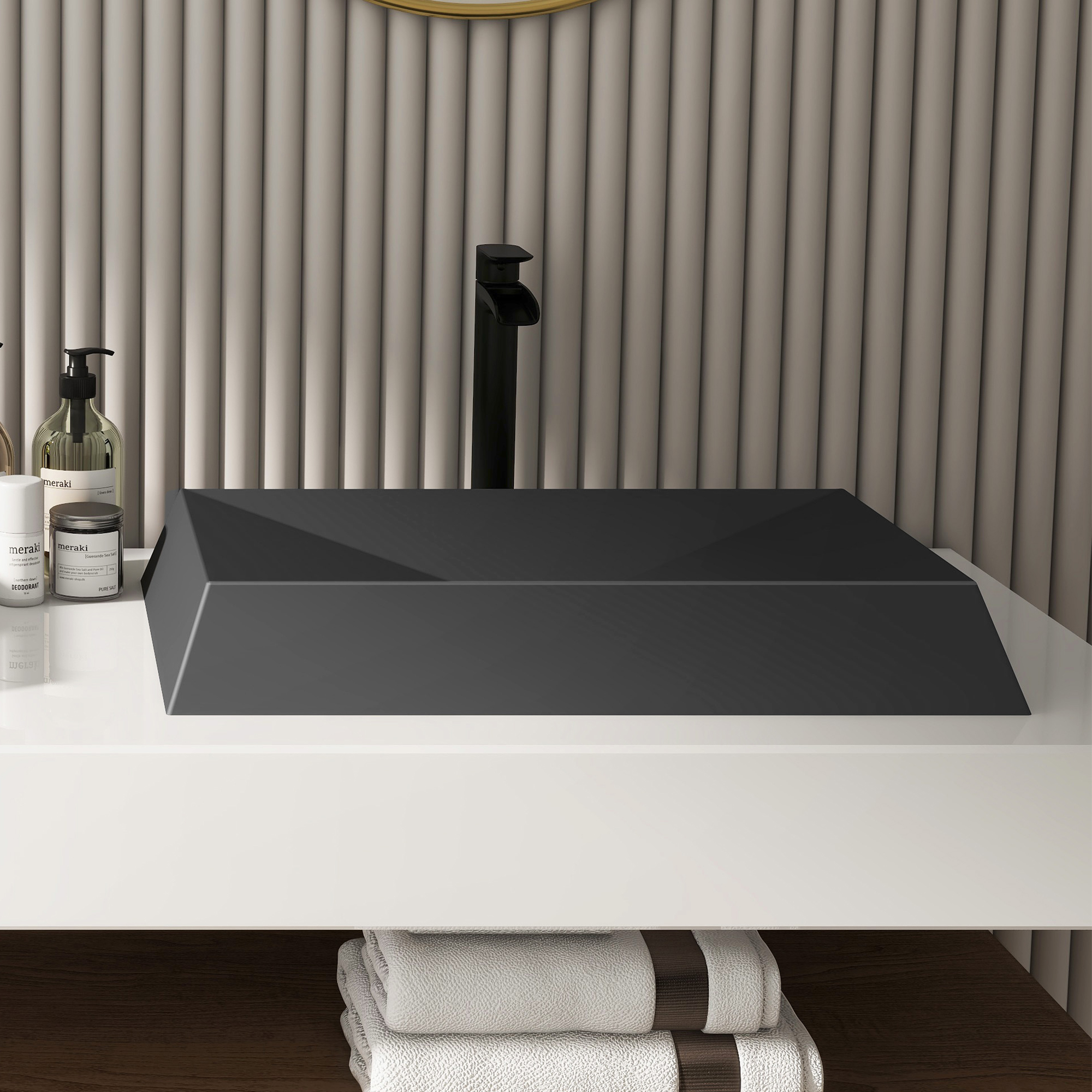 27in Bathroom Concrete Rectangular Vessel Sink with Drainer in Mottled Bluish Grey / Black Earth / Taupe Clay