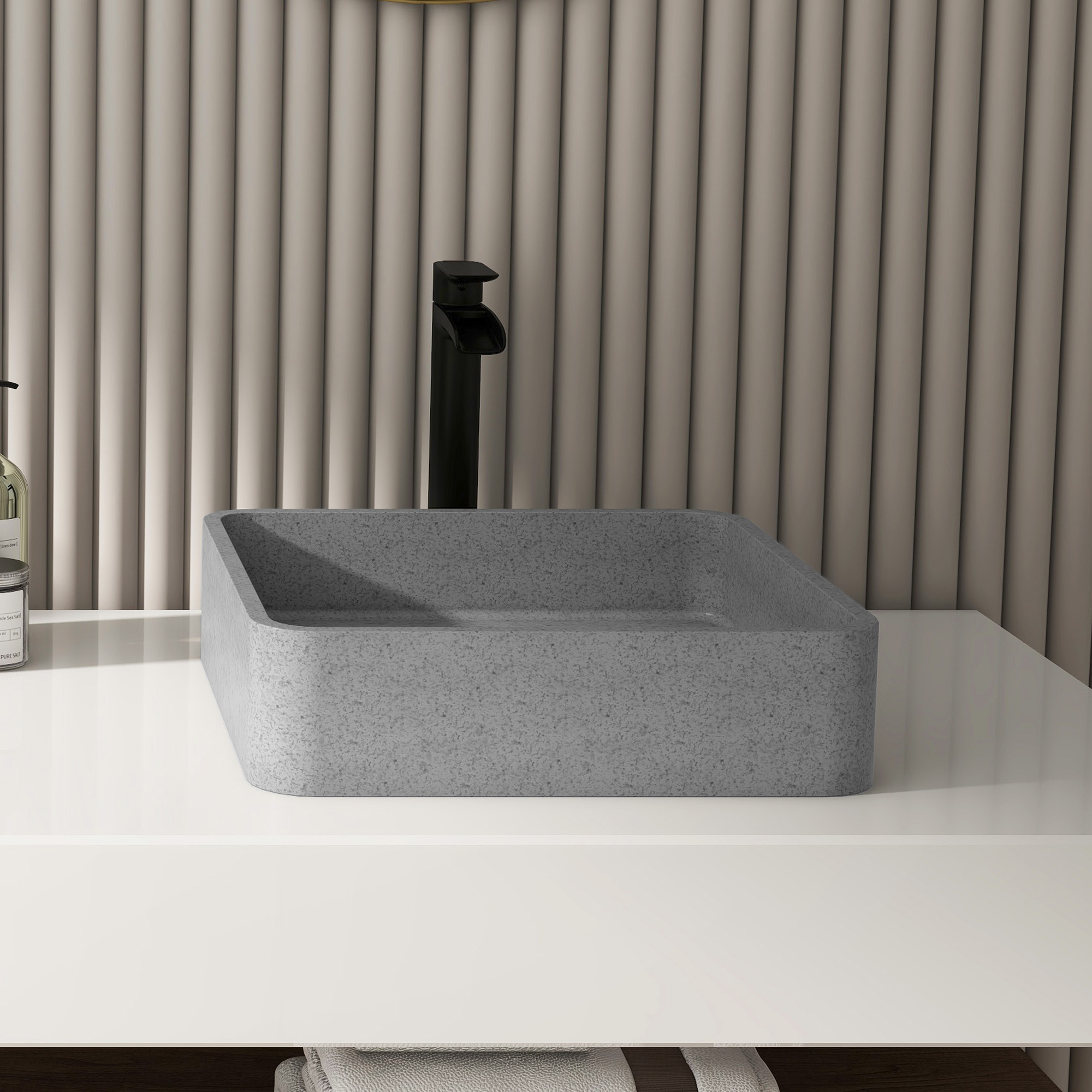 15in Bathroom Concrete Square Vessel Sink with Drainer in Mottled Bluish Grey / Cold Concrete Grey / Taupe Clay