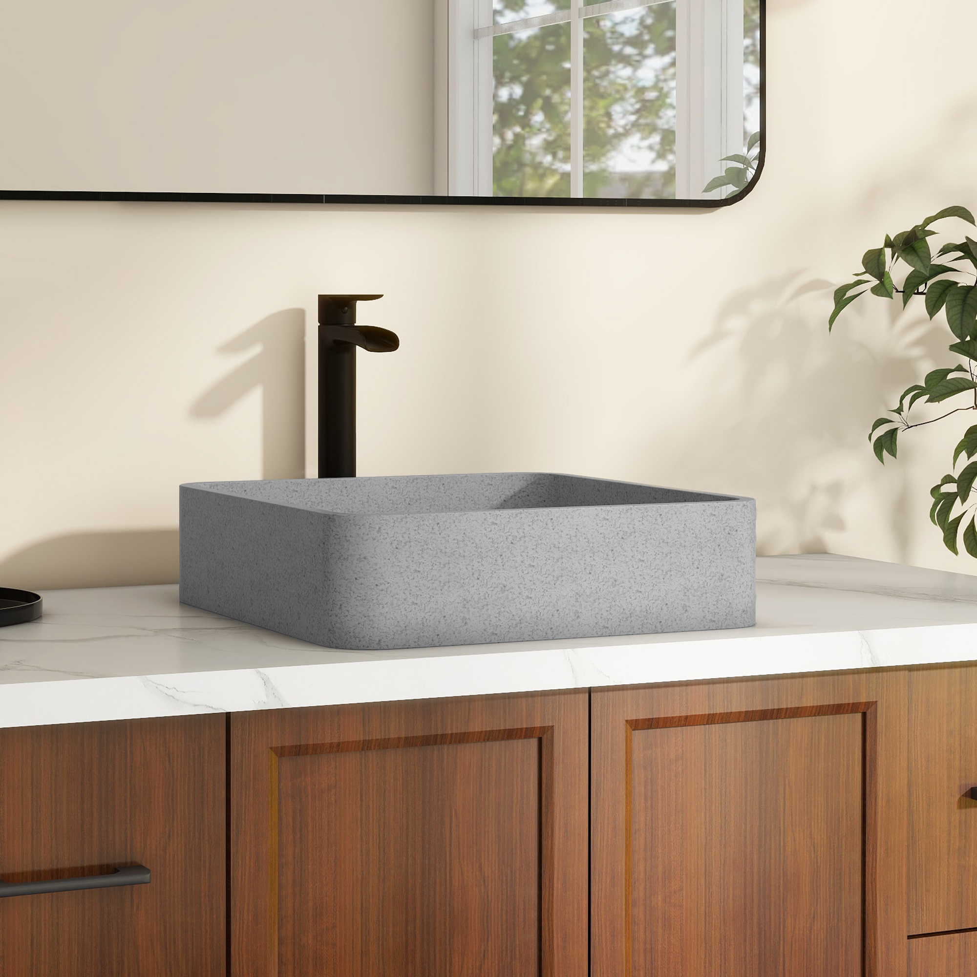 15in Bathroom Concrete Square Vessel Sink with Drainer in Mottled Bluish Grey / Cold Concrete Grey / Taupe Clay