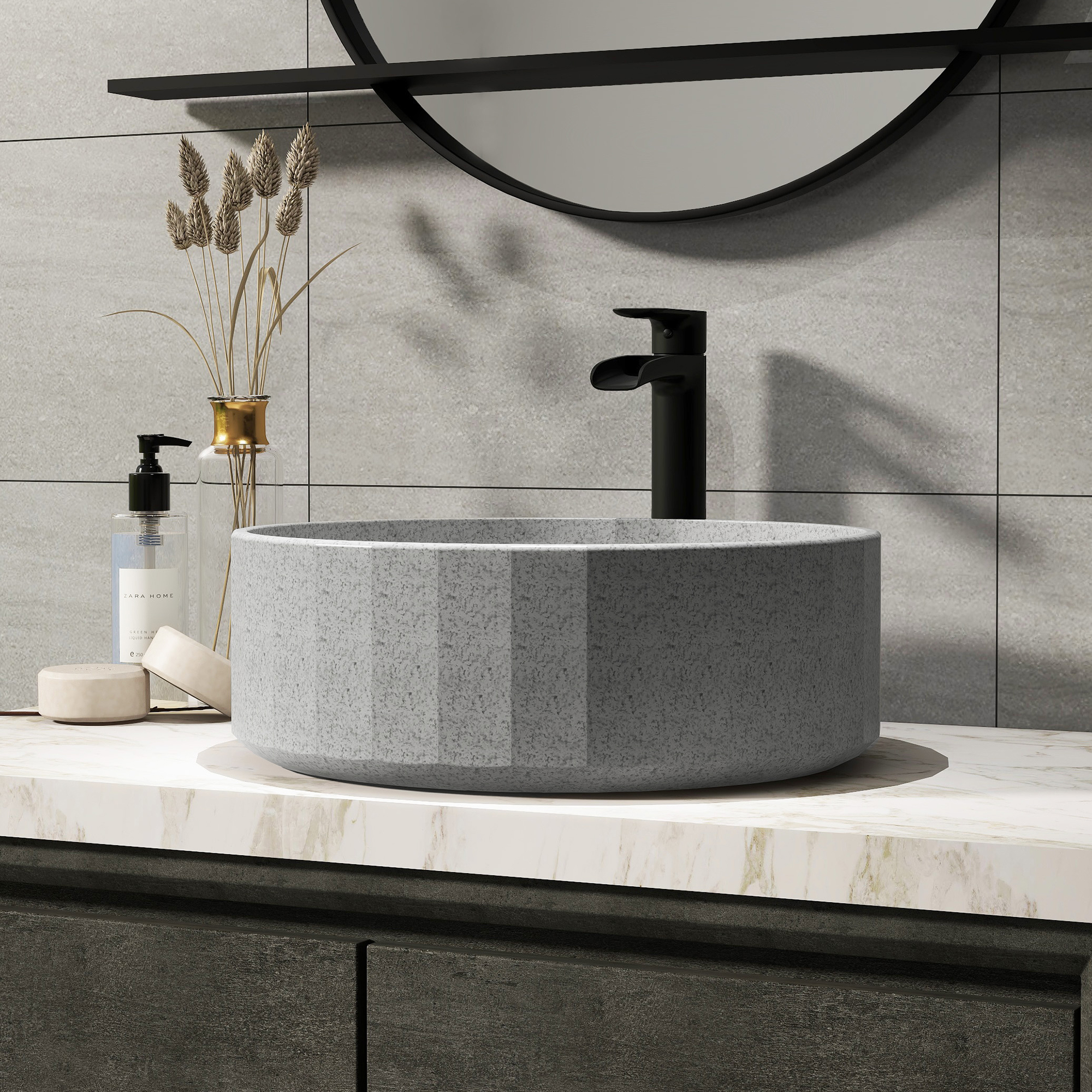 17in Bathroom Concrete Round Vessel Sink with Drainer in Black Earth / Mottled Bluish Grey / Taupe Clay