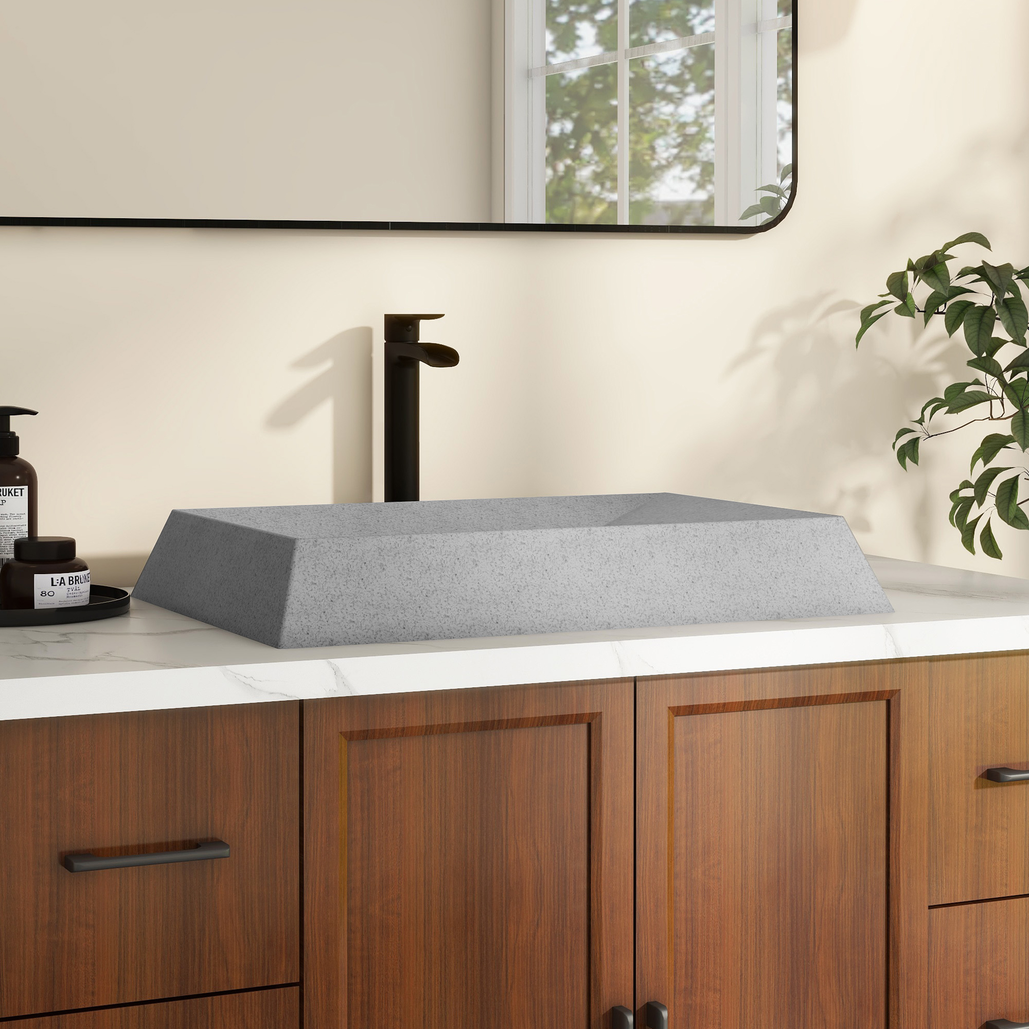 27in Bathroom Concrete Rectangular Vessel Sink with Drainer in Mottled Bluish Grey / Black Earth / Taupe Clay