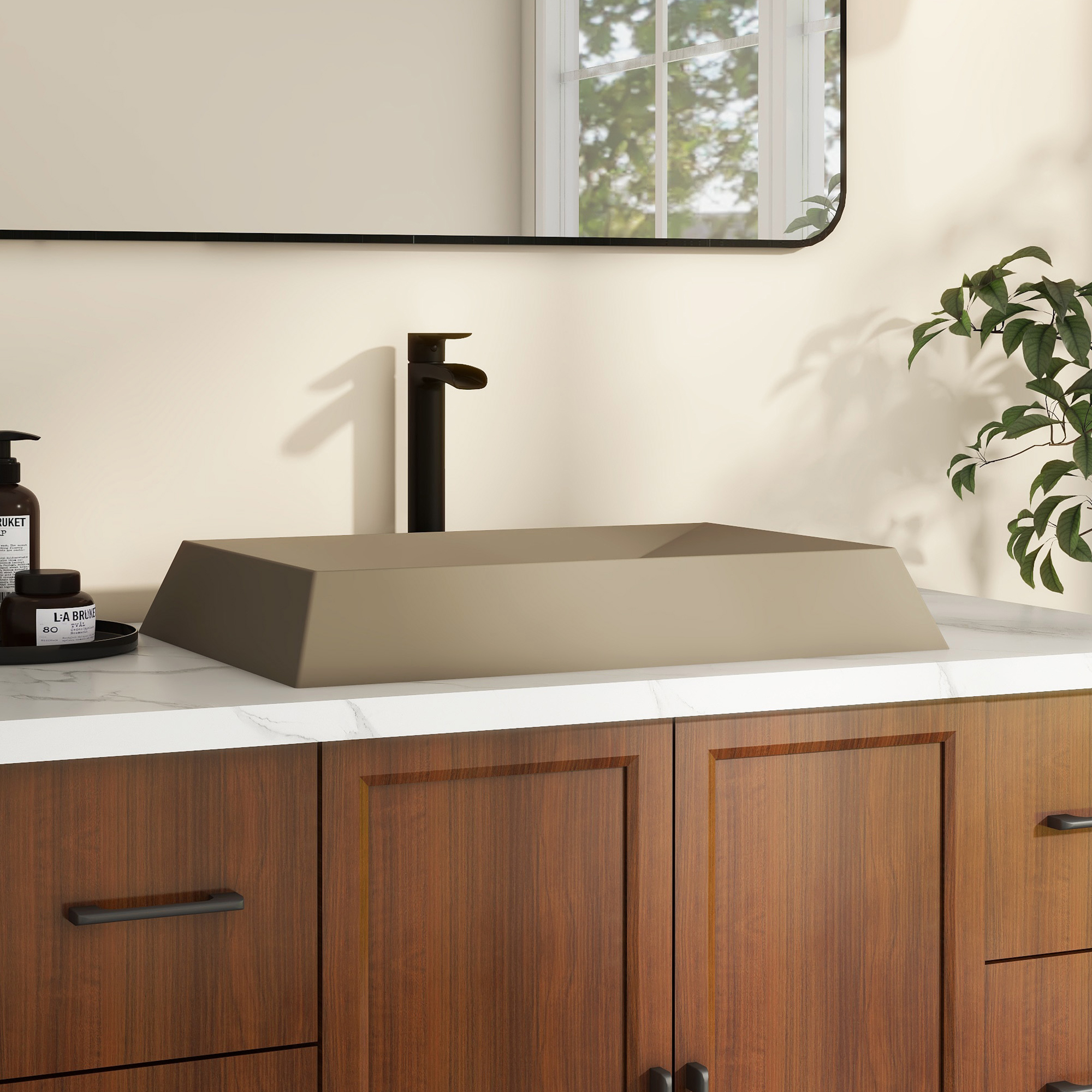 27in Bathroom Concrete Rectangular Vessel Sink with Drainer in Mottled Bluish Grey / Black Earth / Taupe Clay