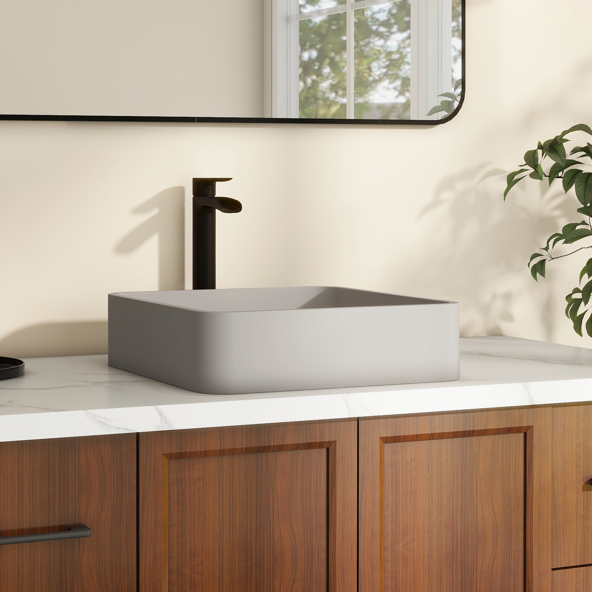 15in Bathroom Concrete Square Vessel Sink with Drainer in Mottled Bluish Grey / Cold Concrete Grey / Taupe Clay