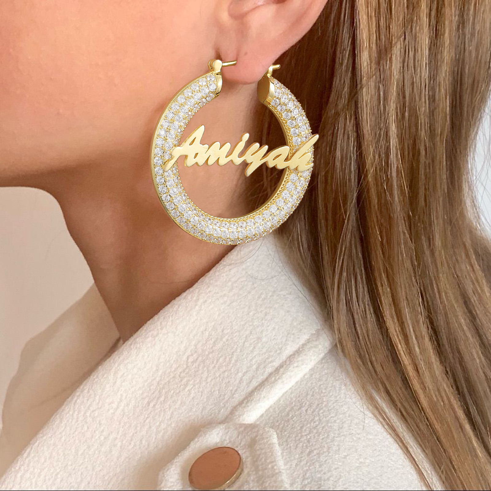 Custom Name Hoop Earrings in 14K Gold Plated for Women