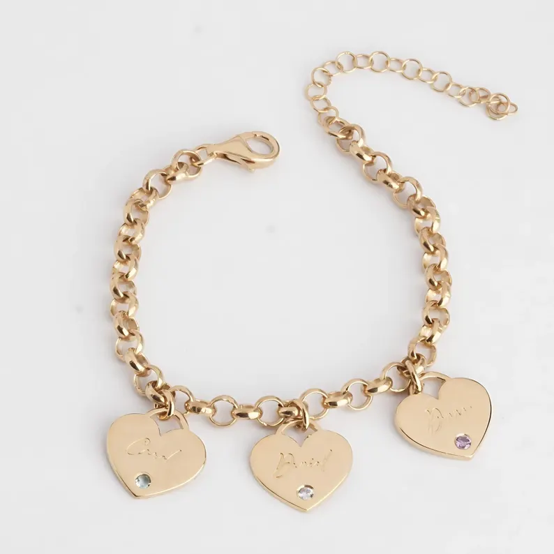 Personalized Mother's Heart Bracelet with Custom Names & Birthstones in Sterling Silver
