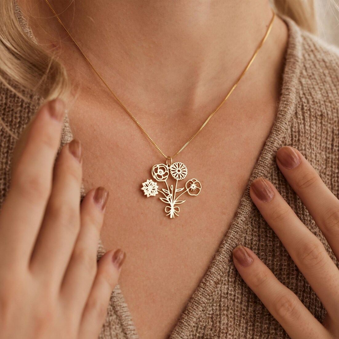 Personalised Multiple Birth Flower Bouquet Necklace, Custom Flower Necklace, Floral Necklace, Family Necklace,Birthday Gift,Mothers Day Gift