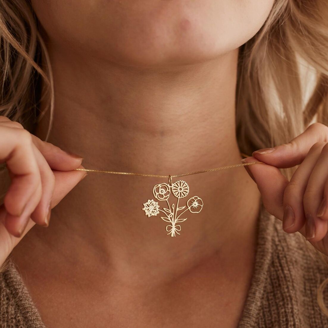 Personalised Multiple Birth Flower Bouquet Necklace, Custom Flower Necklace, Floral Necklace, Family Necklace,Birthday Gift,Mothers Day Gift