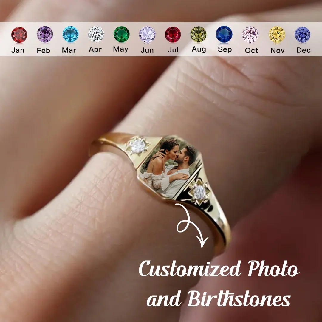 Custom Square Photo Projection Rings with Birthstones
