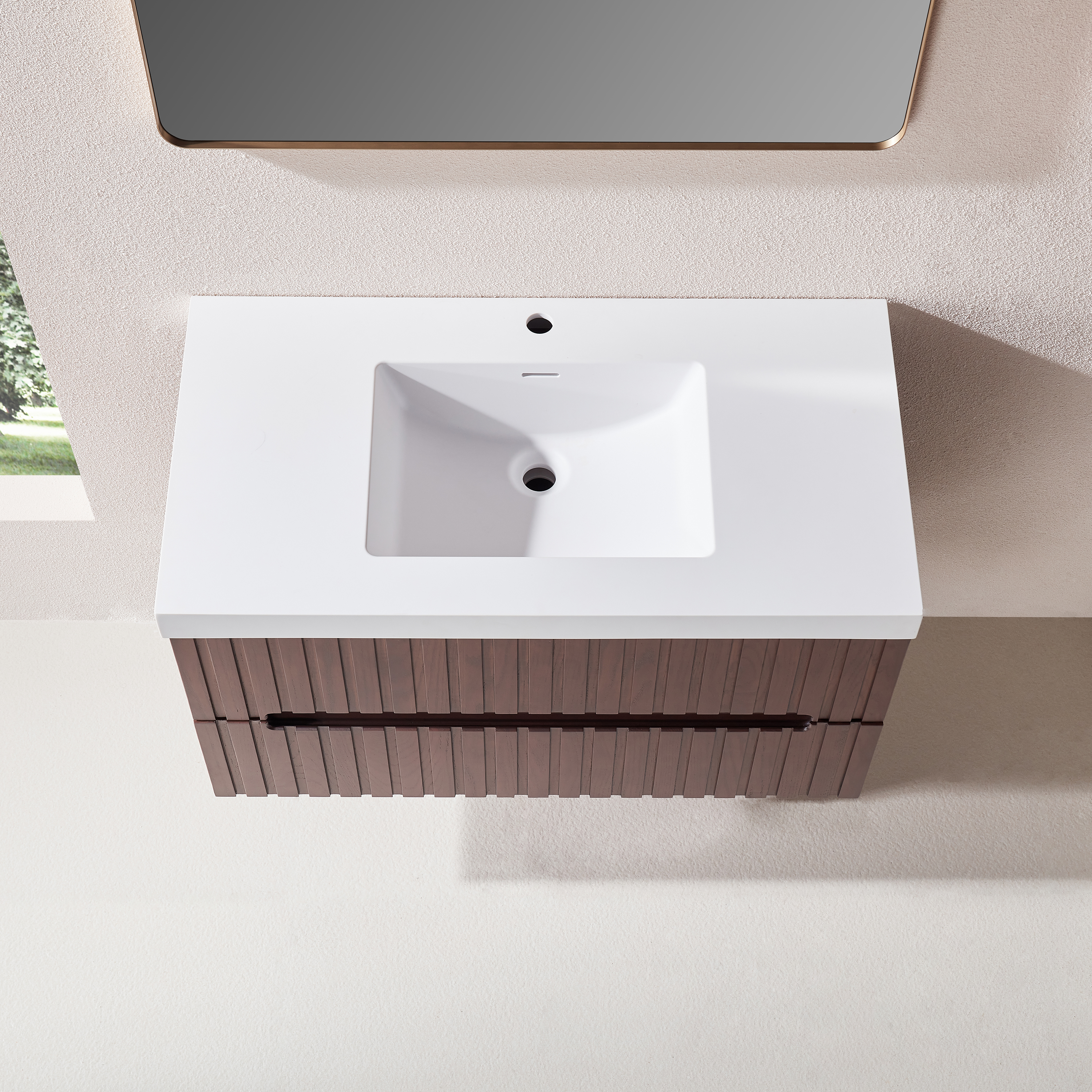 36" Wall Mounted & Floating Single Walnut Bathroom Vanity with Acrylic Sink 