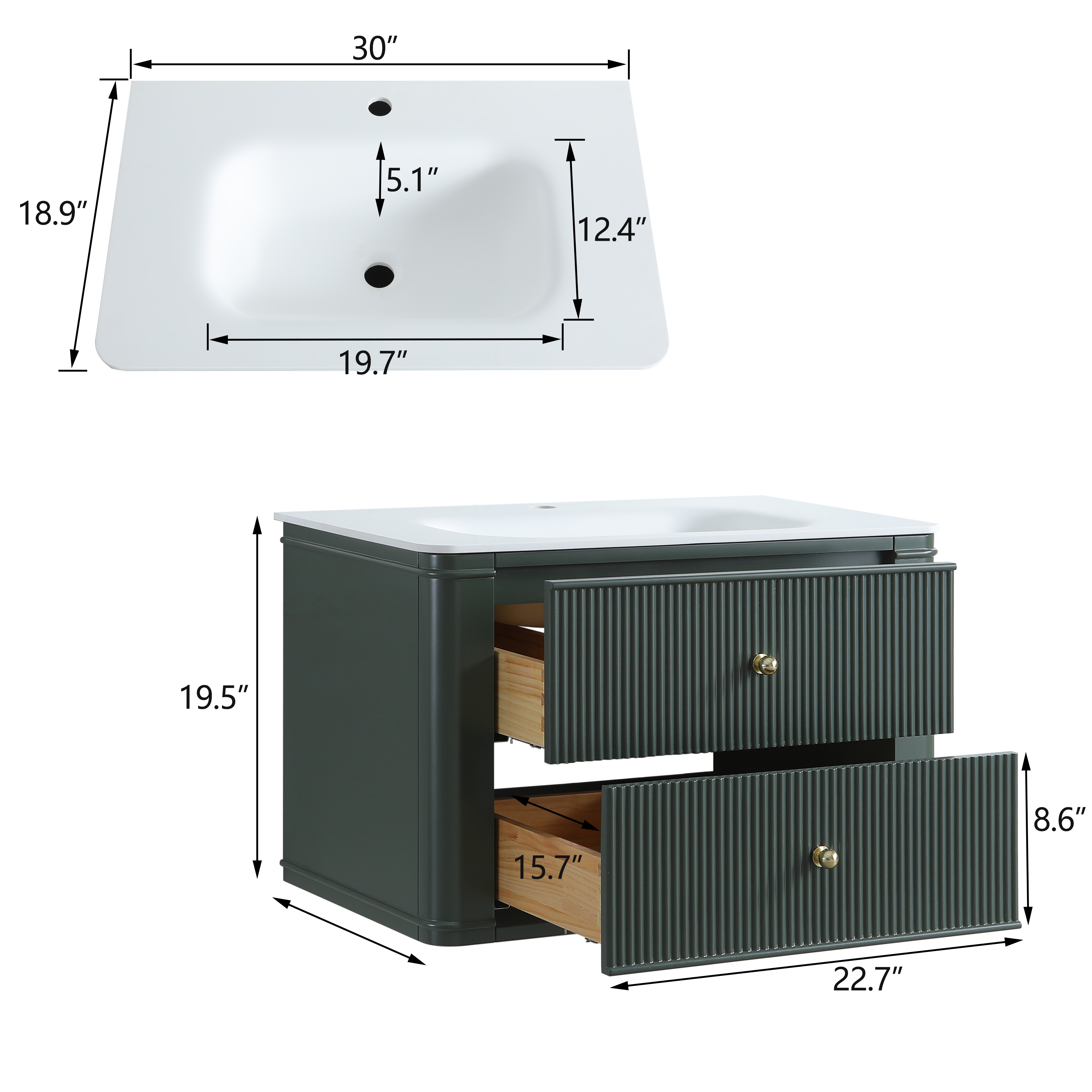 30" Wall Mounted & Floating Single Green Bathroom Vanity with Acrylic Sink 