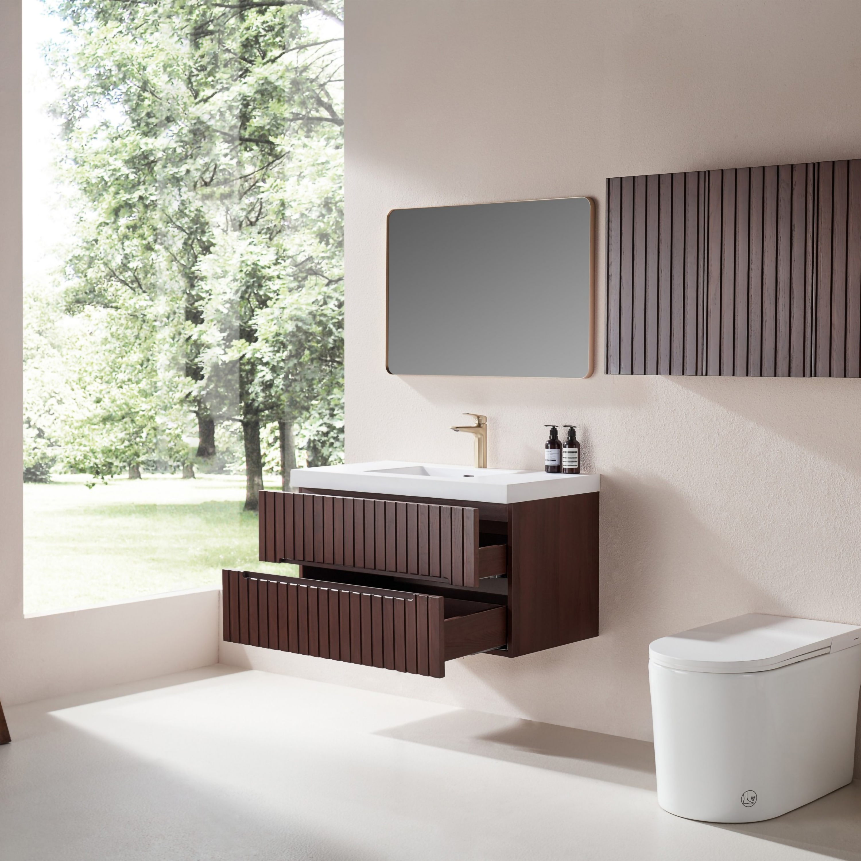 36" Wall Mounted & Floating Single Walnut Bathroom Vanity with Acrylic Sink 