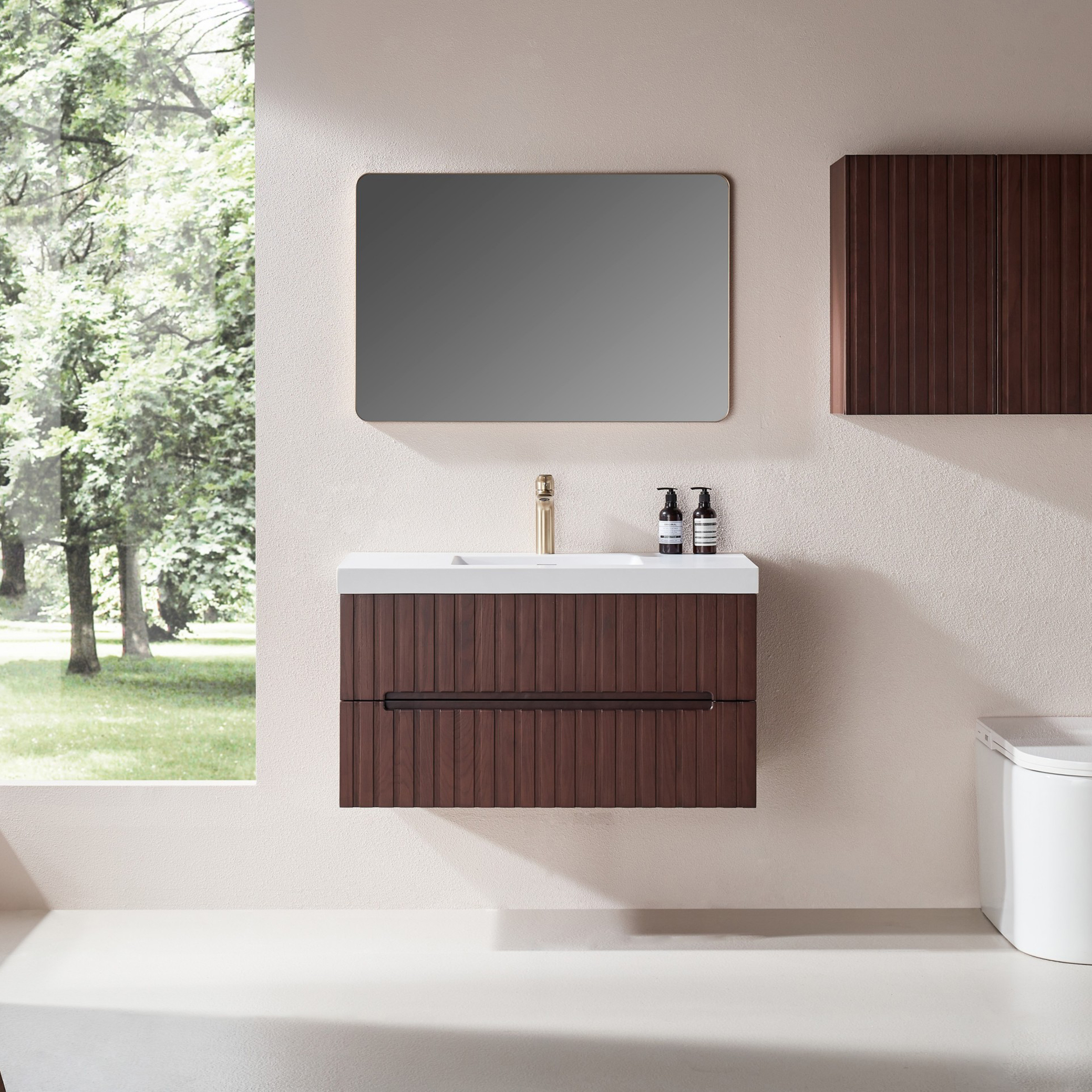 36" Wall Mounted & Floating Single Walnut Bathroom Vanity with Acrylic Sink 