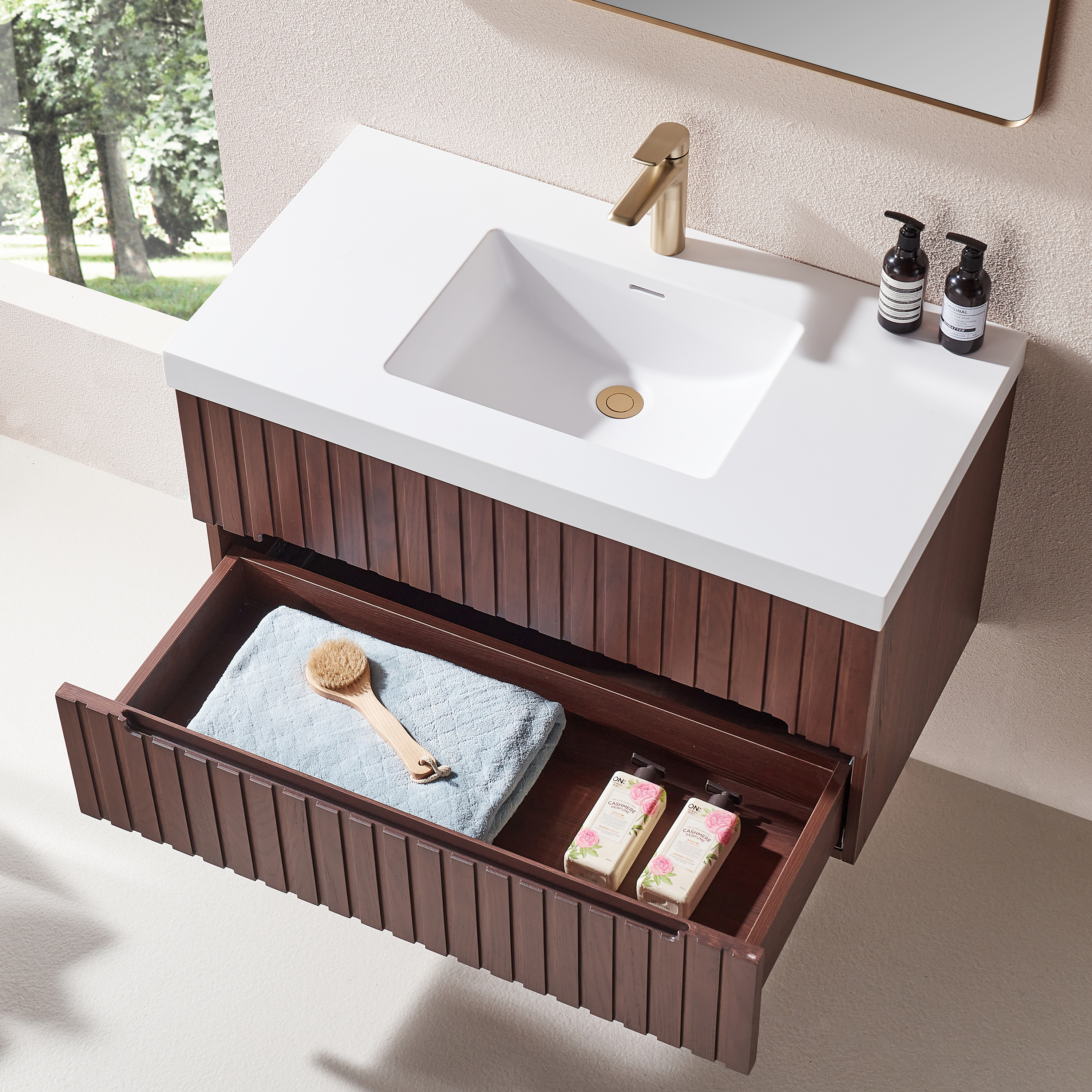36" Wall Mounted & Floating Single Walnut Bathroom Vanity with Acrylic Sink 