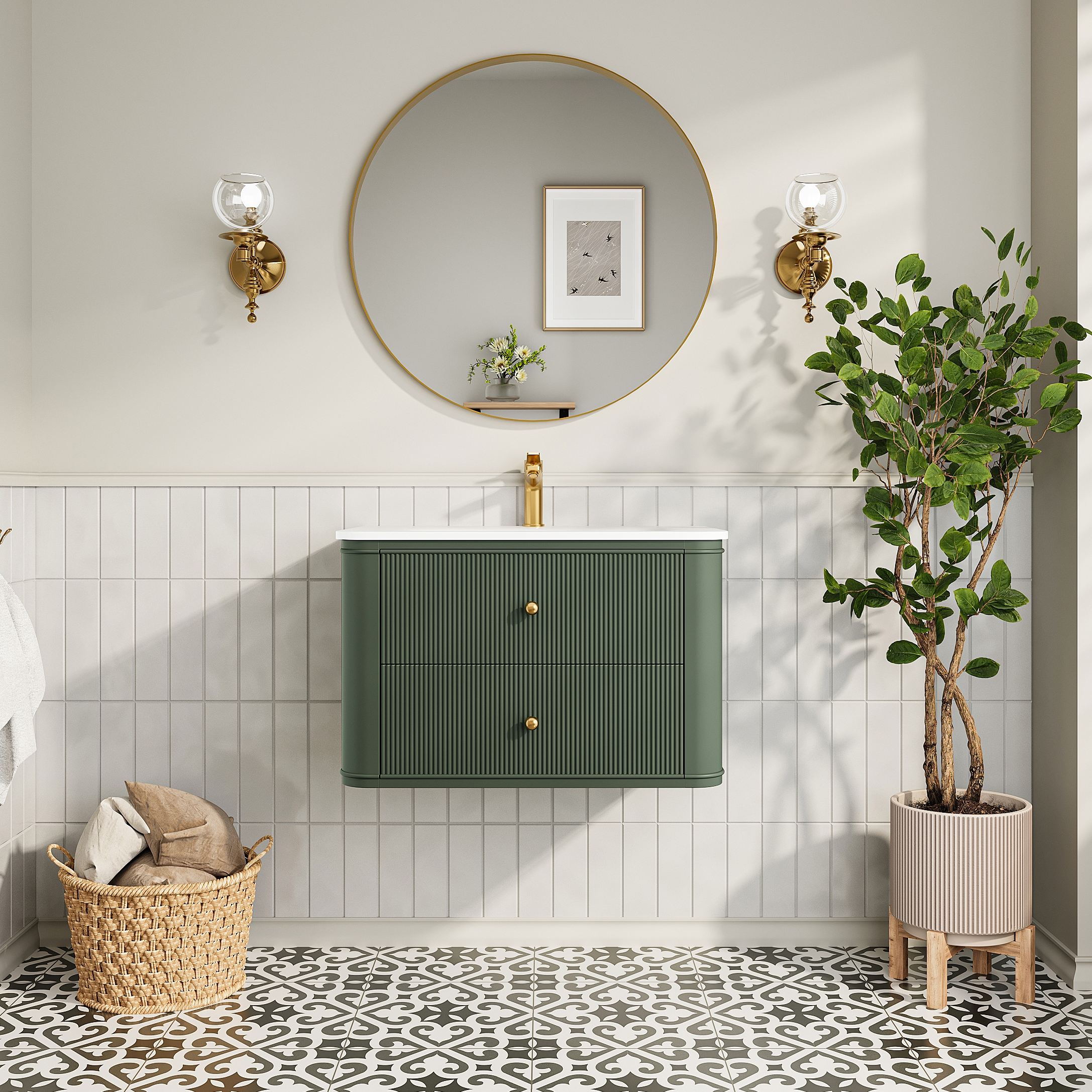 30" Wall Mounted & Floating Single Green Bathroom Vanity with Acrylic Sink 