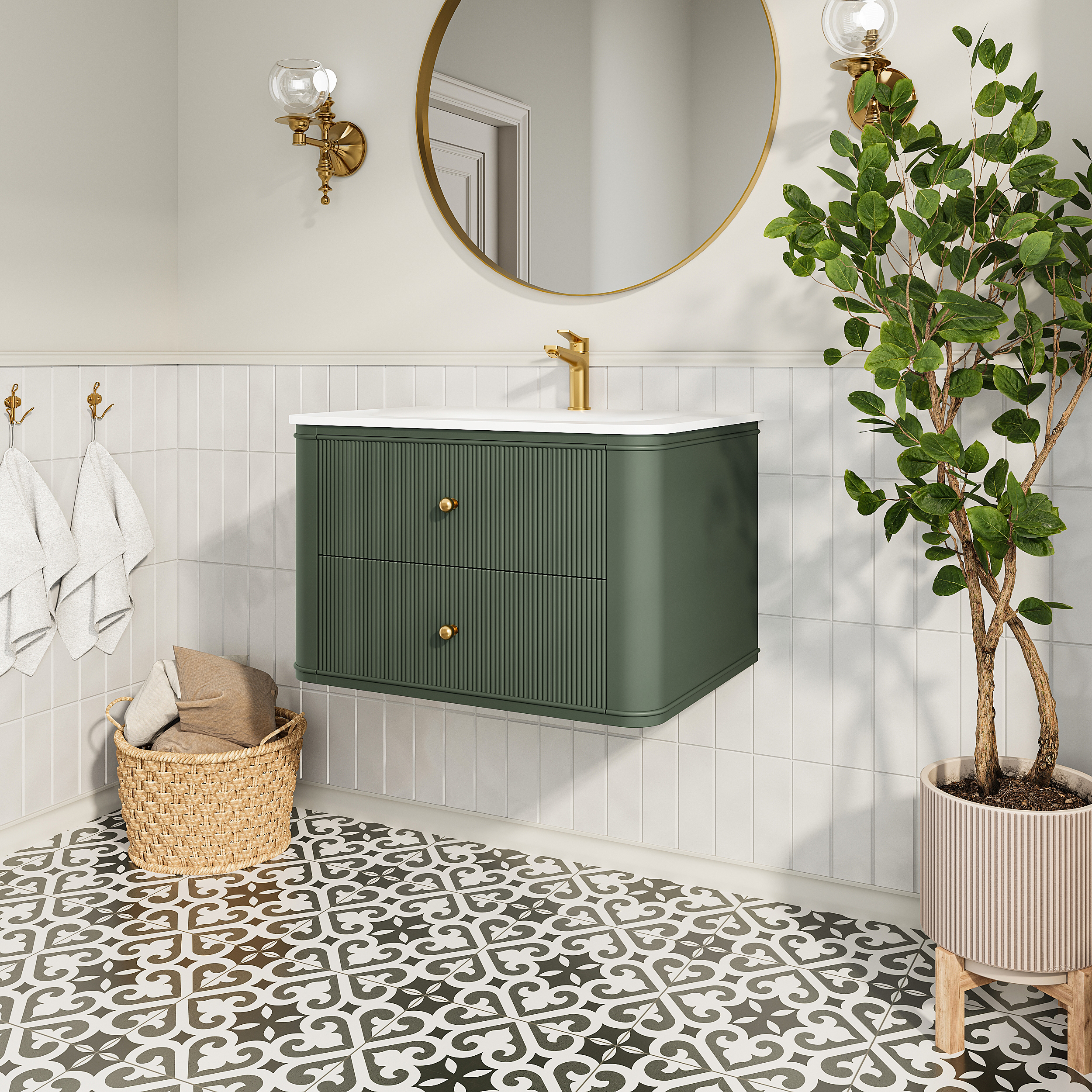 30" Wall Mounted & Floating Single Green Bathroom Vanity with Acrylic Sink 