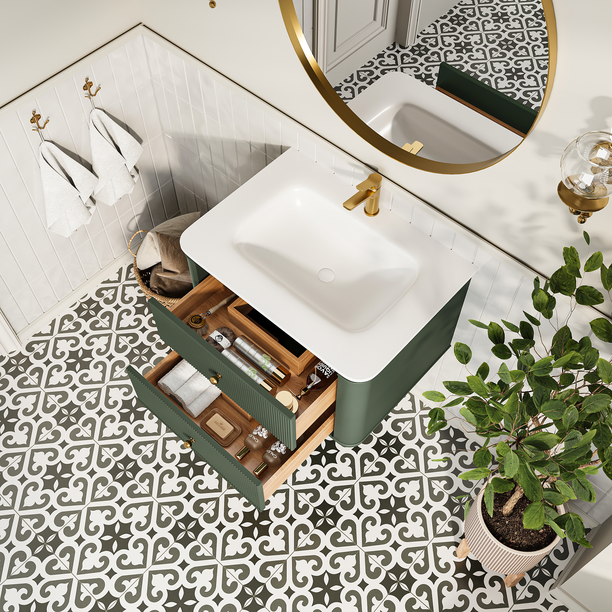 30" Wall Mounted & Floating Single Green Bathroom Vanity with Acrylic Sink 