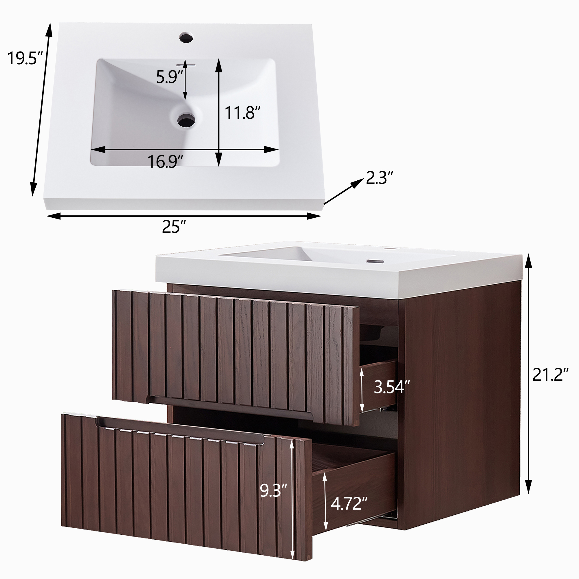 24" Wall Mounted & Floating Single Walnut Bathroom Vanity with Acrylic Sink 