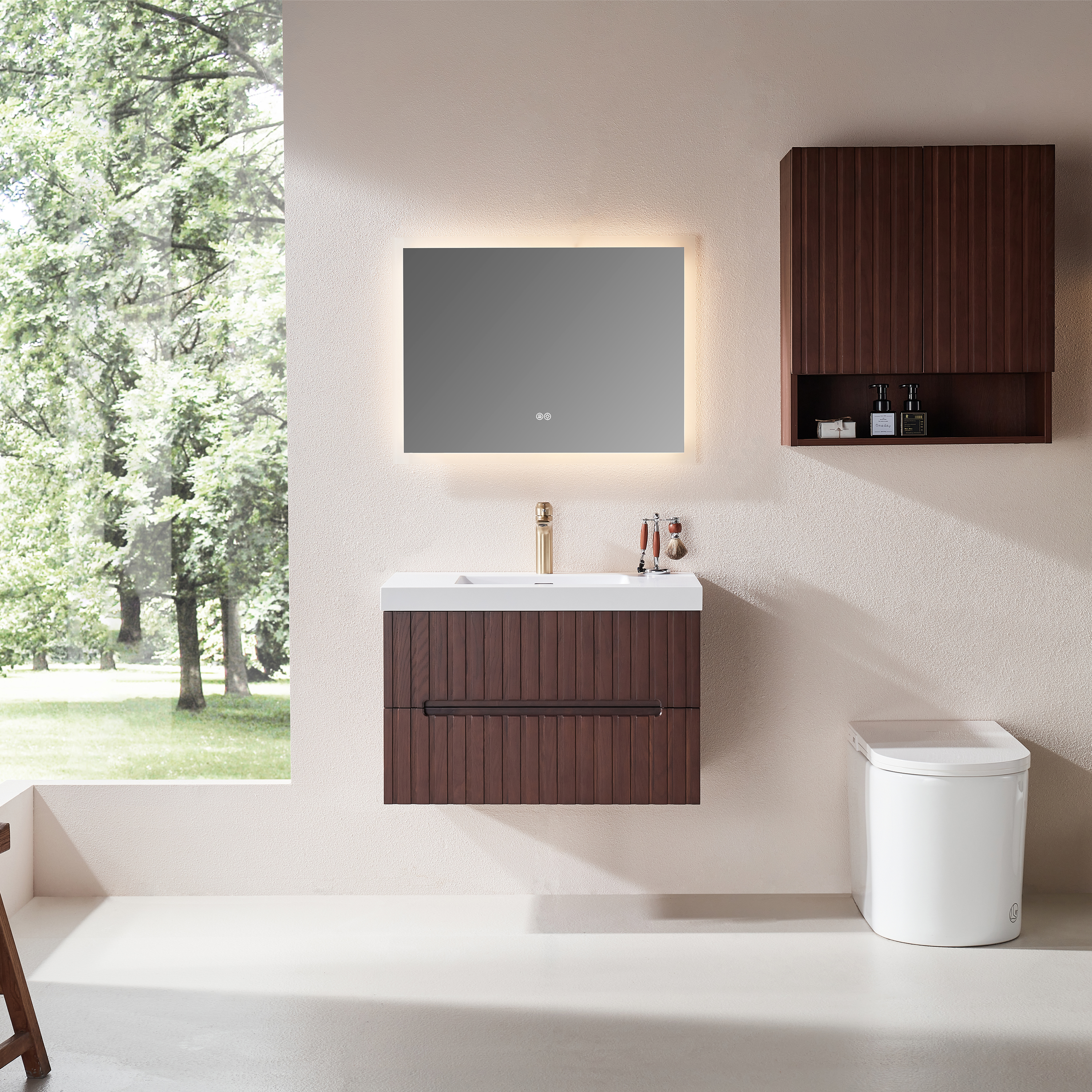 30" Wall Mounted & Floating Single Walnut Bathroom Vanity with Acrylic Sink 