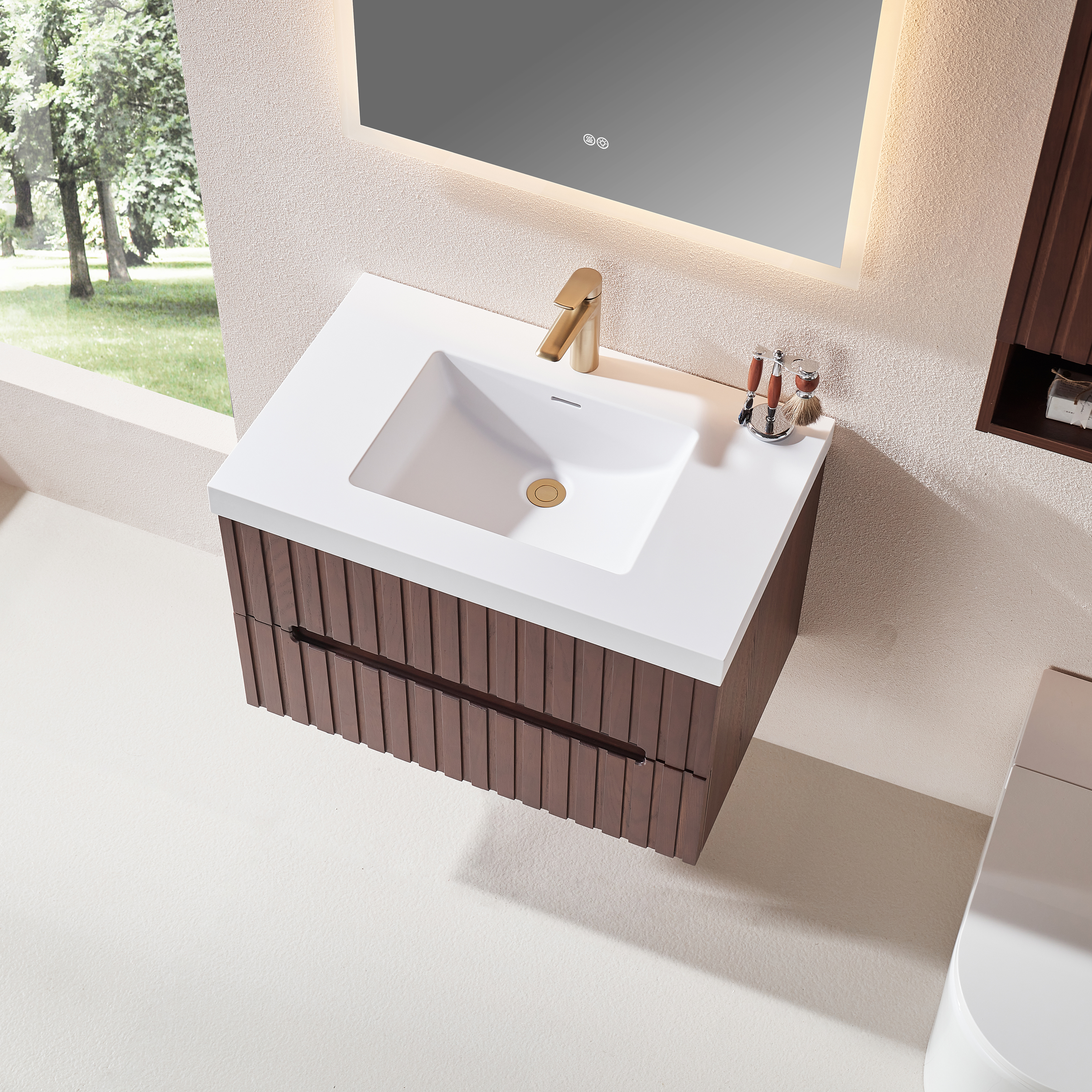 30" Wall Mounted & Floating Single Walnut Bathroom Vanity with Acrylic Sink 