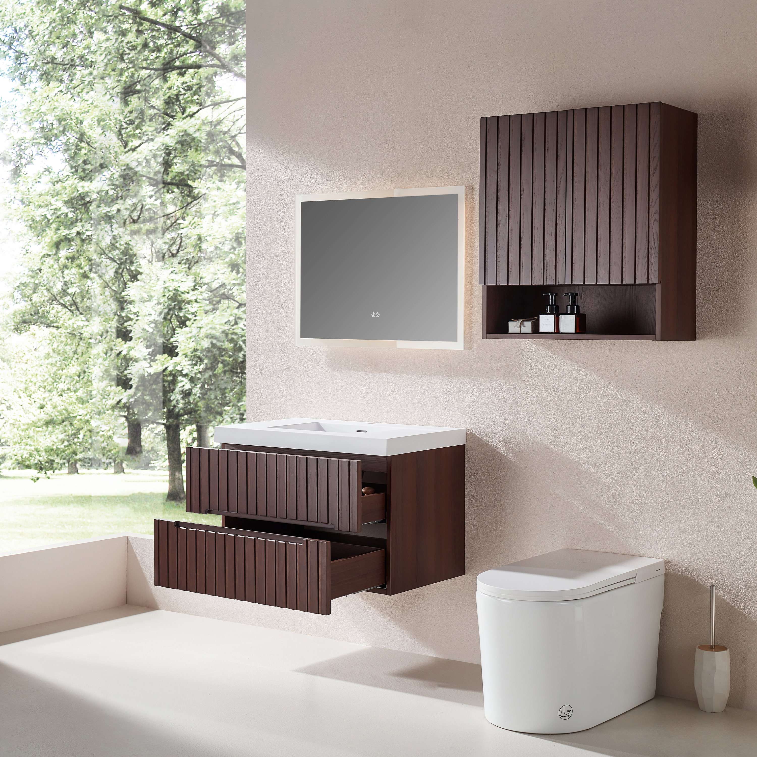 30" Wall Mounted & Floating Single Walnut Bathroom Vanity with Acrylic Sink 