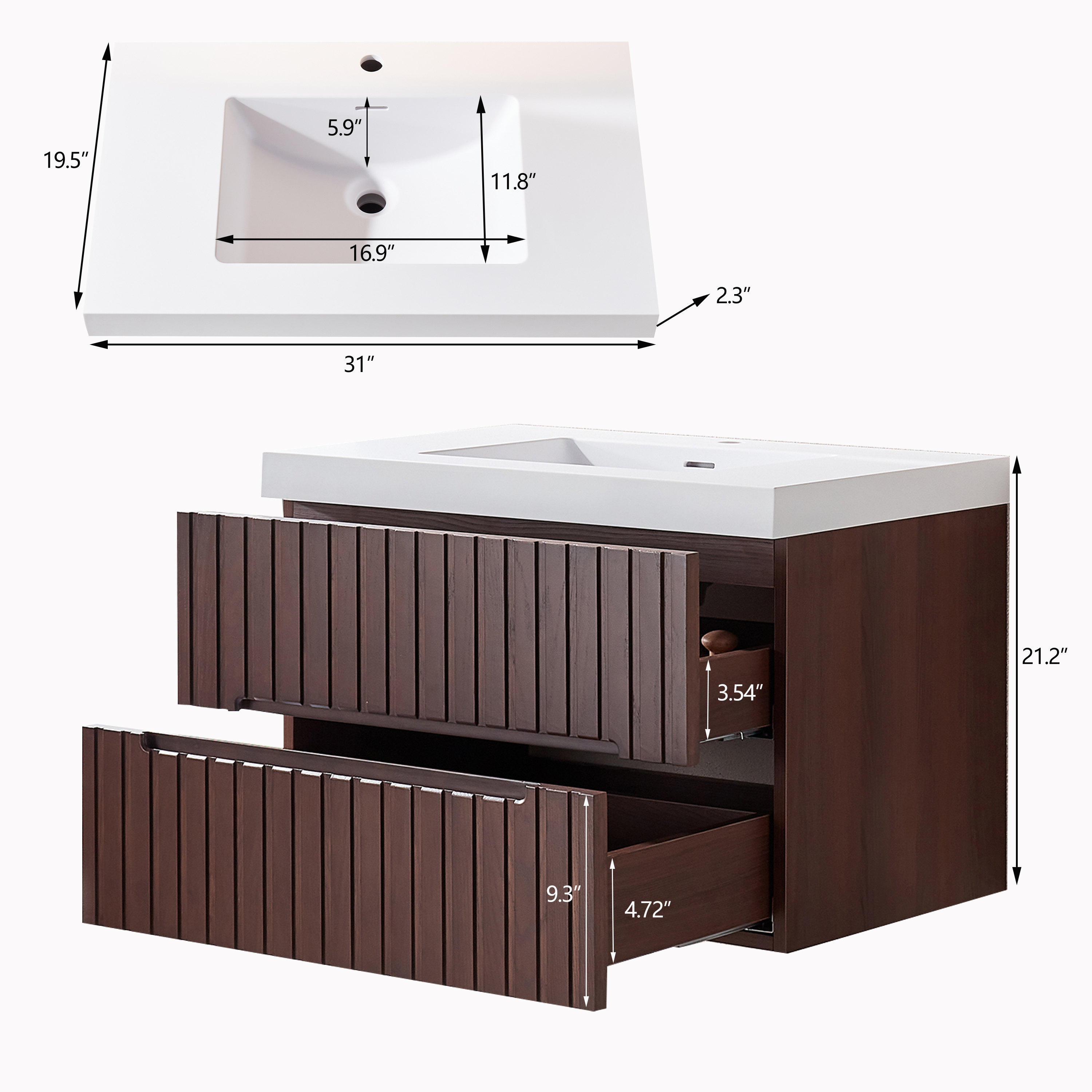 30" Wall Mounted & Floating Single Walnut Bathroom Vanity with Acrylic Sink 