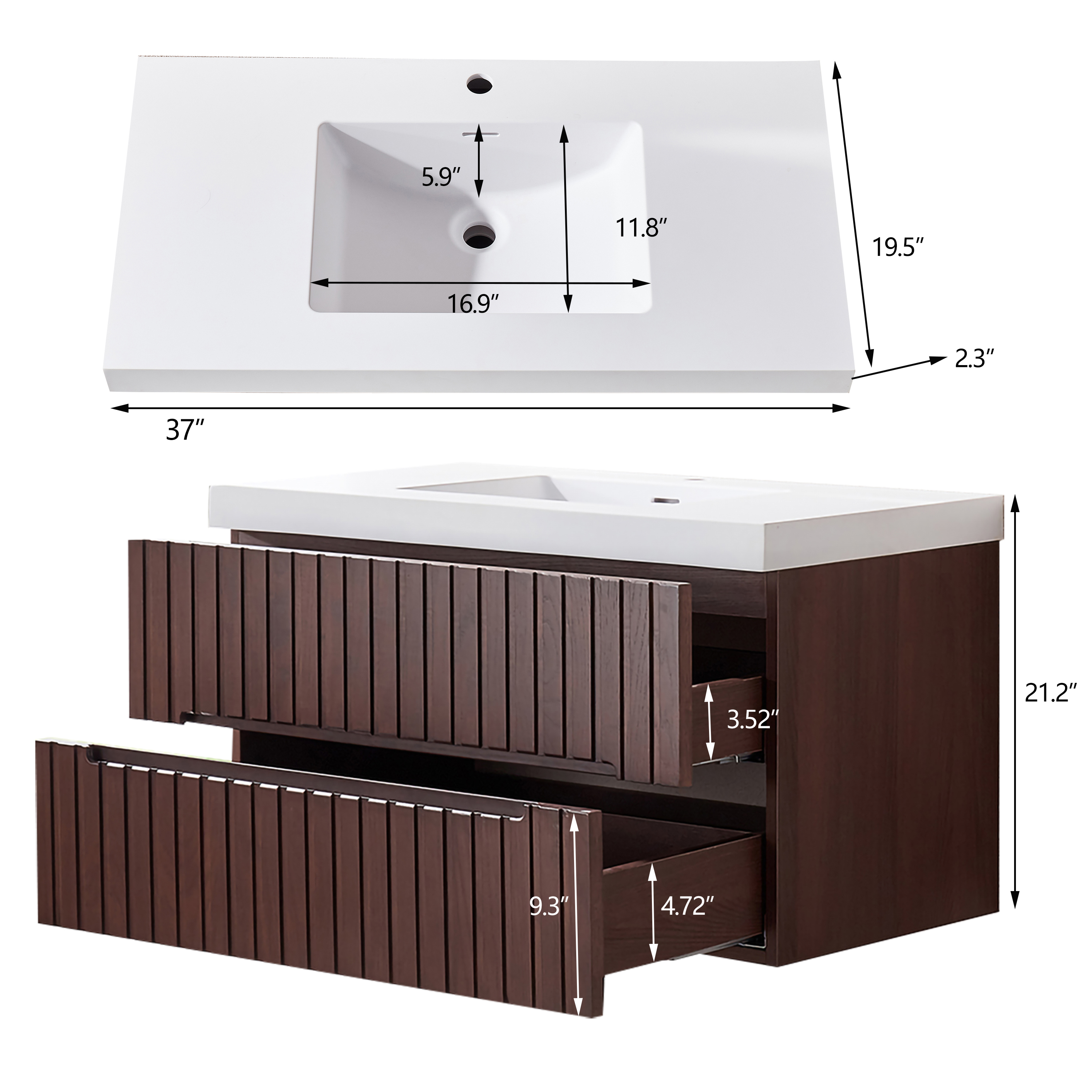 36" Wall Mounted & Floating Single Walnut Bathroom Vanity with Acrylic Sink 