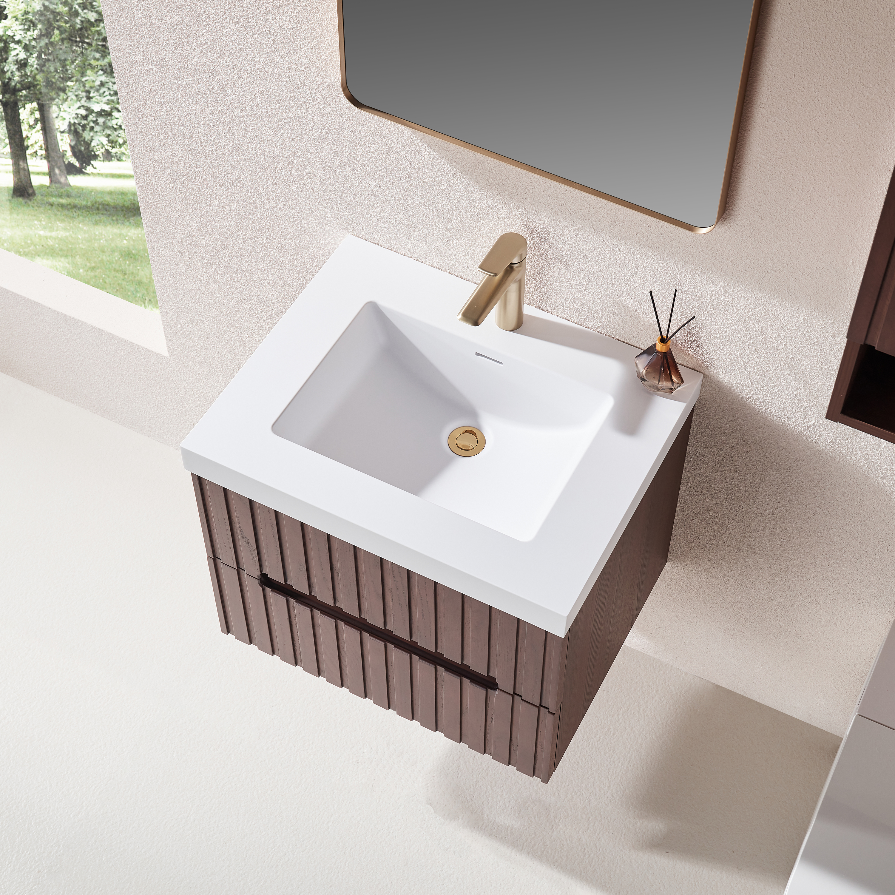 24" Wall Mounted & Floating Single Walnut Bathroom Vanity with Acrylic Sink 