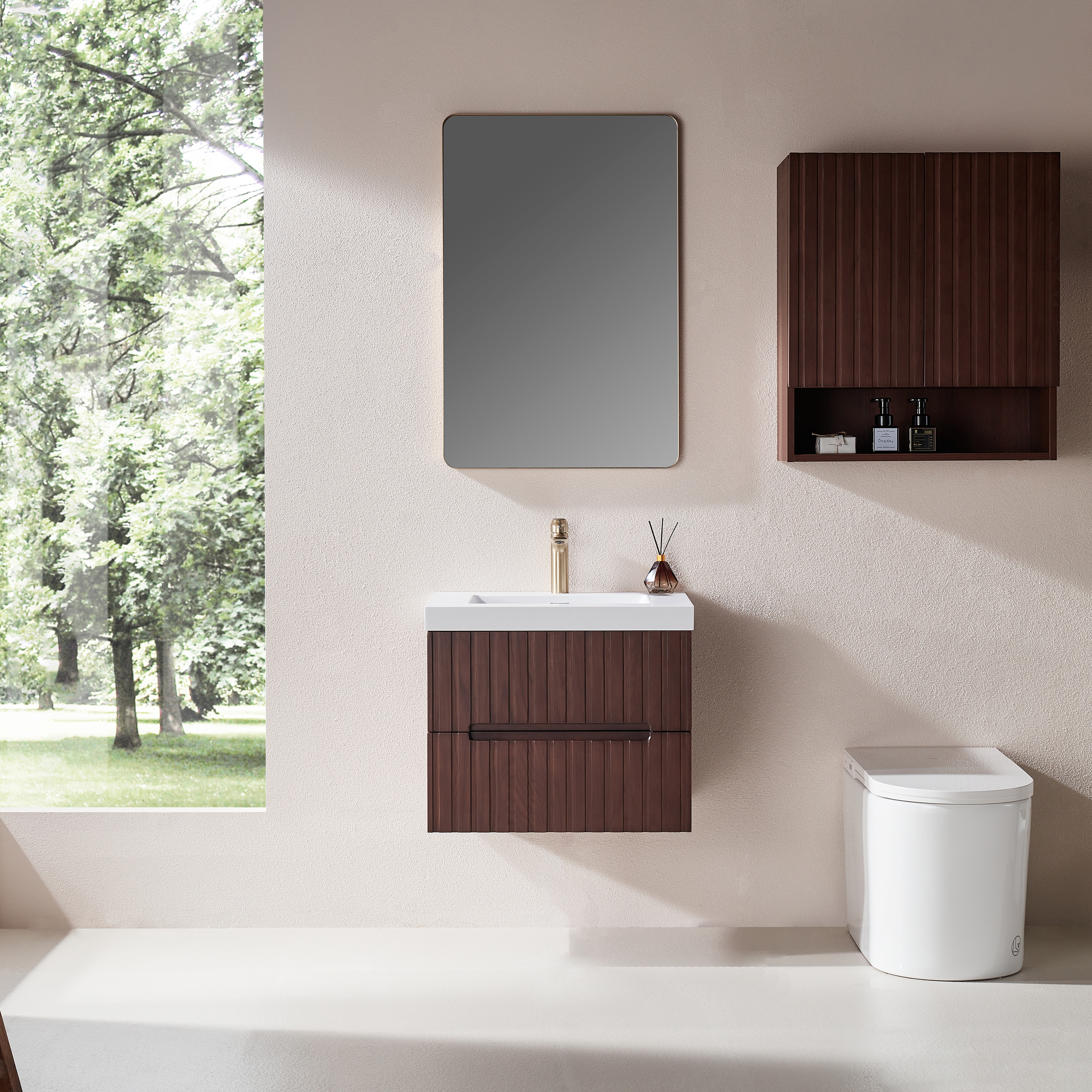 24" Wall Mounted & Floating Single Walnut Bathroom Vanity with Acrylic Sink 