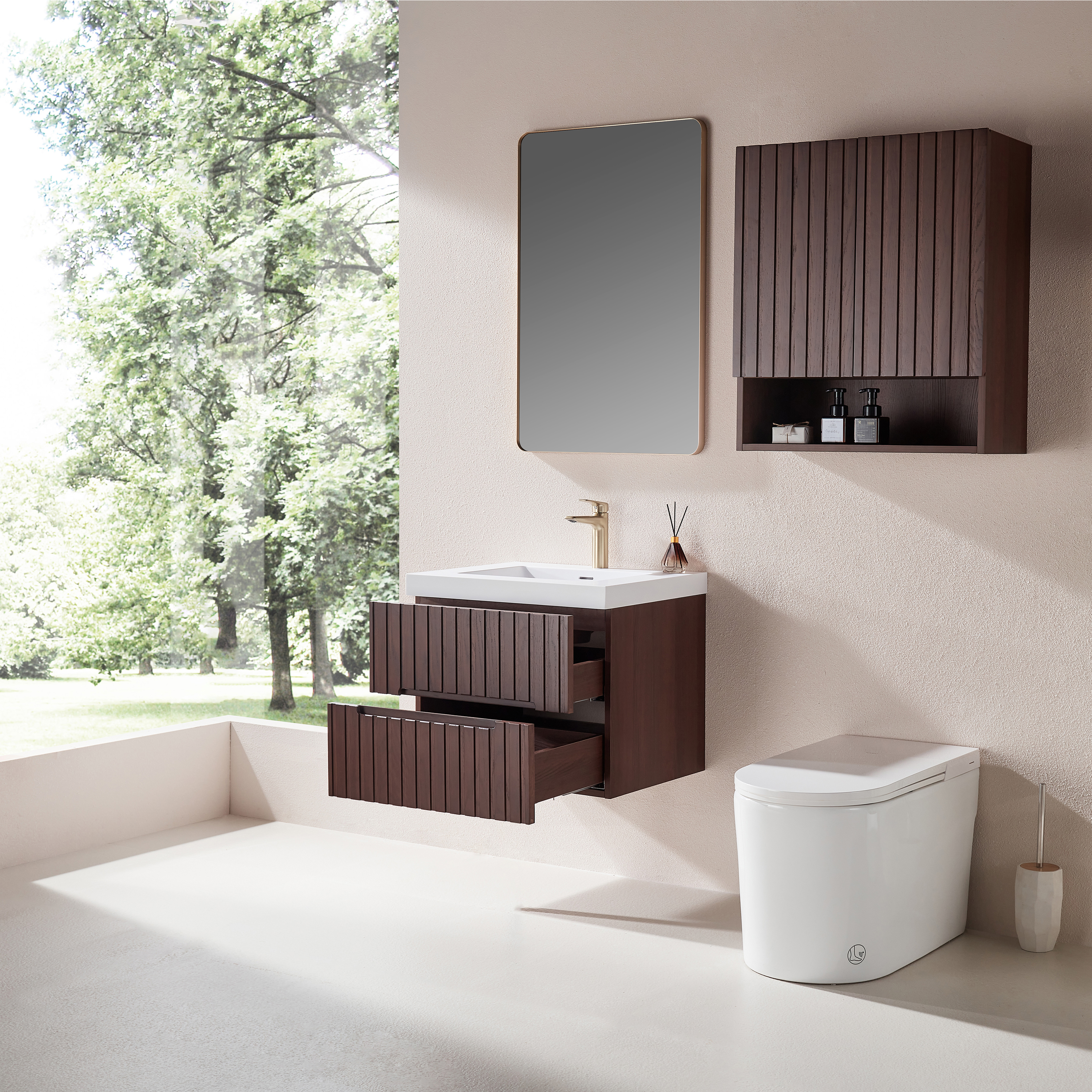 24" Wall Mounted & Floating Single Walnut Bathroom Vanity with Acrylic Sink 