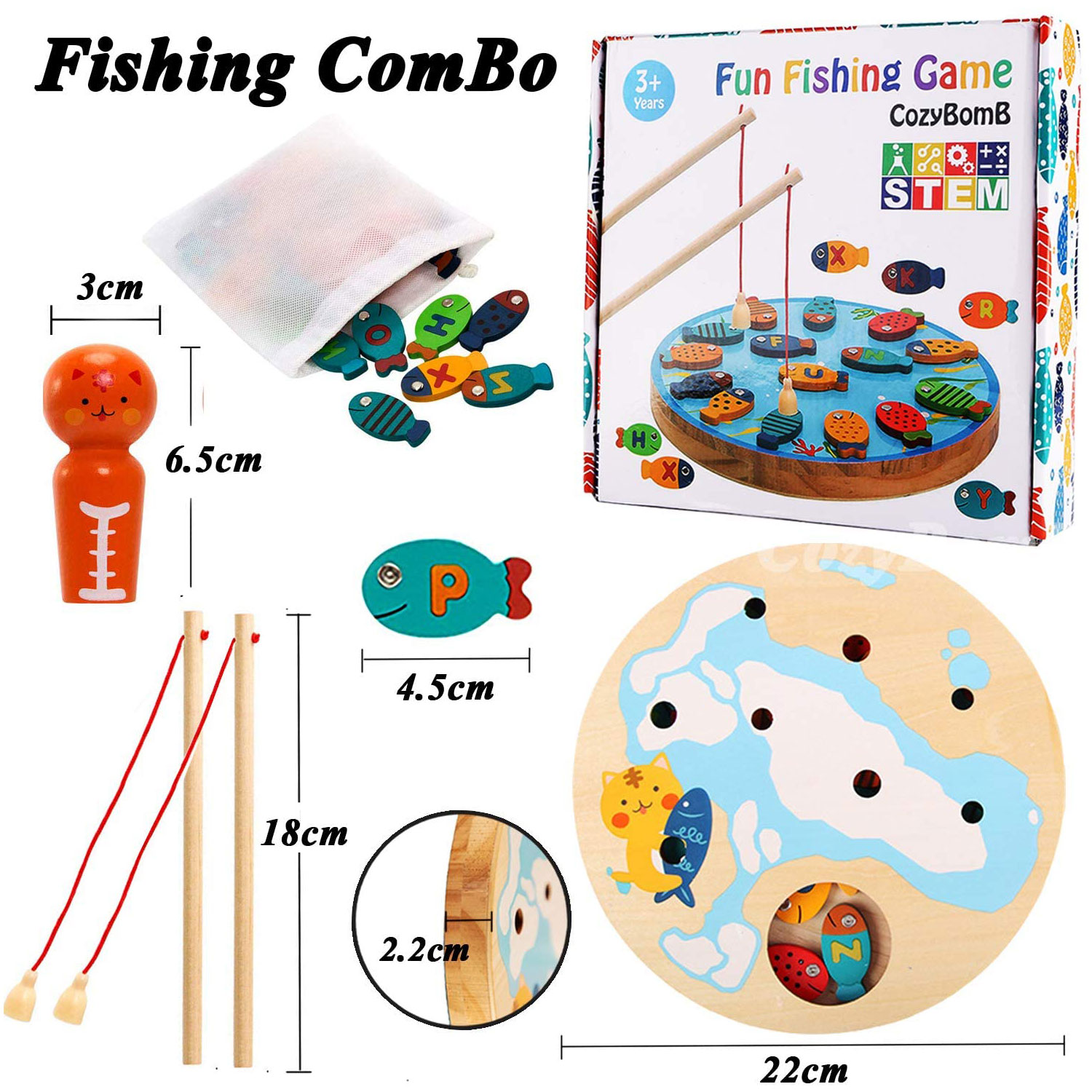 Magnetic Wooden Fishing Game Toy for Toddlers - Alphabet Fish Catching Counting Preschool Board Games Toys for 3 4 5 Year Old Girl Boy Kids Birthday Learning Education Math with Magnet Poles