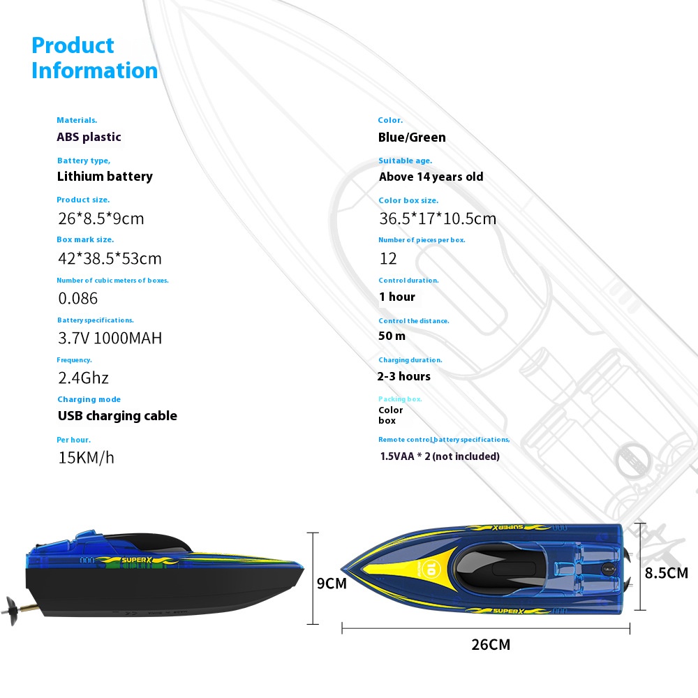 Blue Remote Control Speedboat 2.4G High Speed Remote Control Boat Double Battery